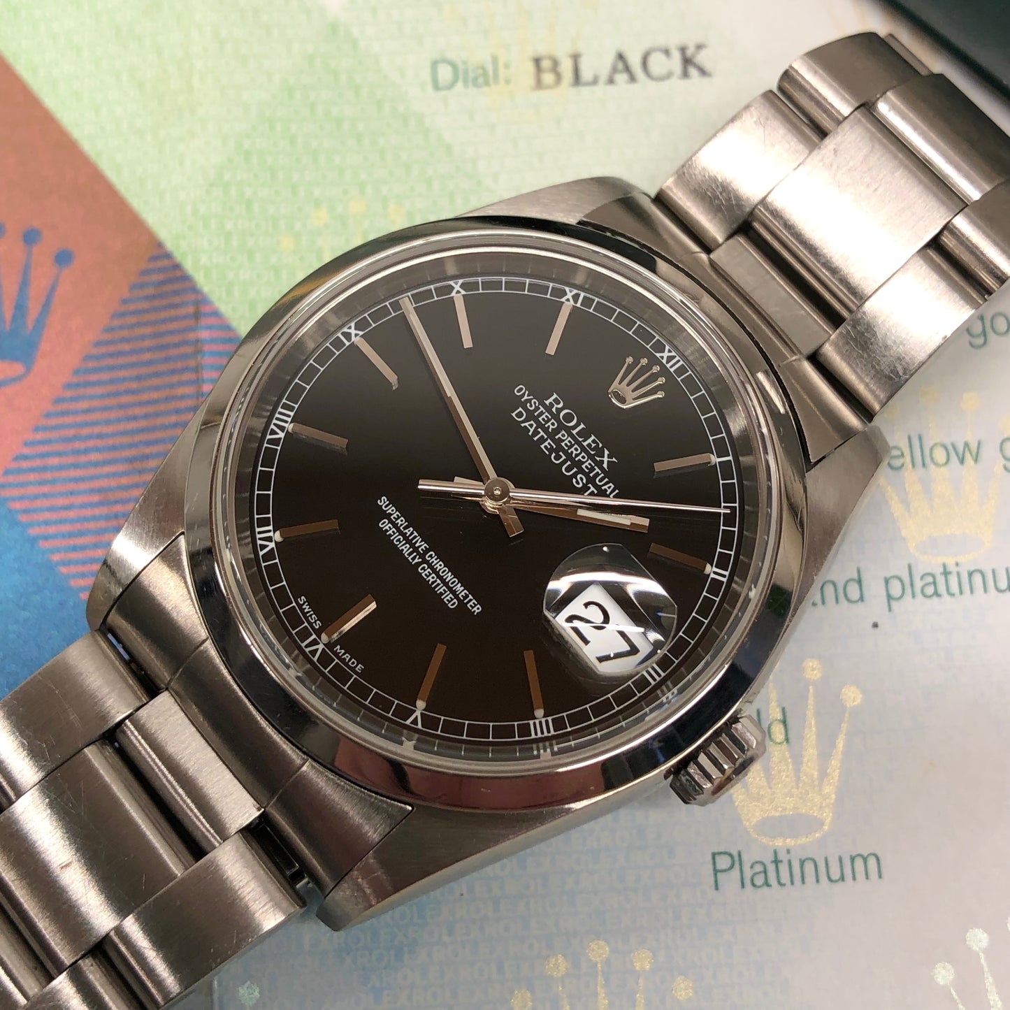 2003 Rolex Datejust 16200 Black Stick Oyster Perpetual Automatic Wristwatch with Papers