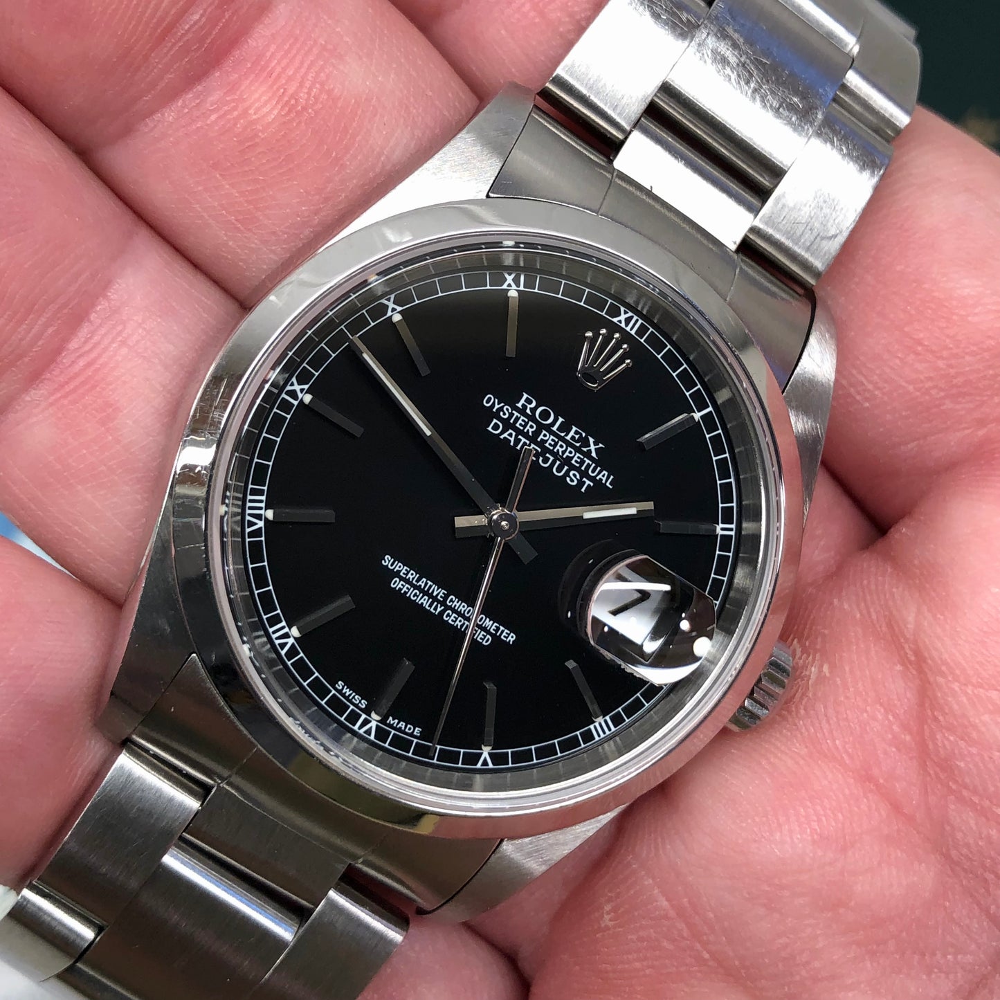 2003 Rolex Datejust 16200 Black Stick Oyster Perpetual Automatic Wristwatch with Papers
