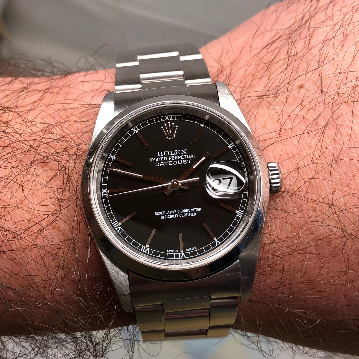 2003 Rolex Datejust 16200 Black Stick Oyster Perpetual Automatic Wristwatch with Papers