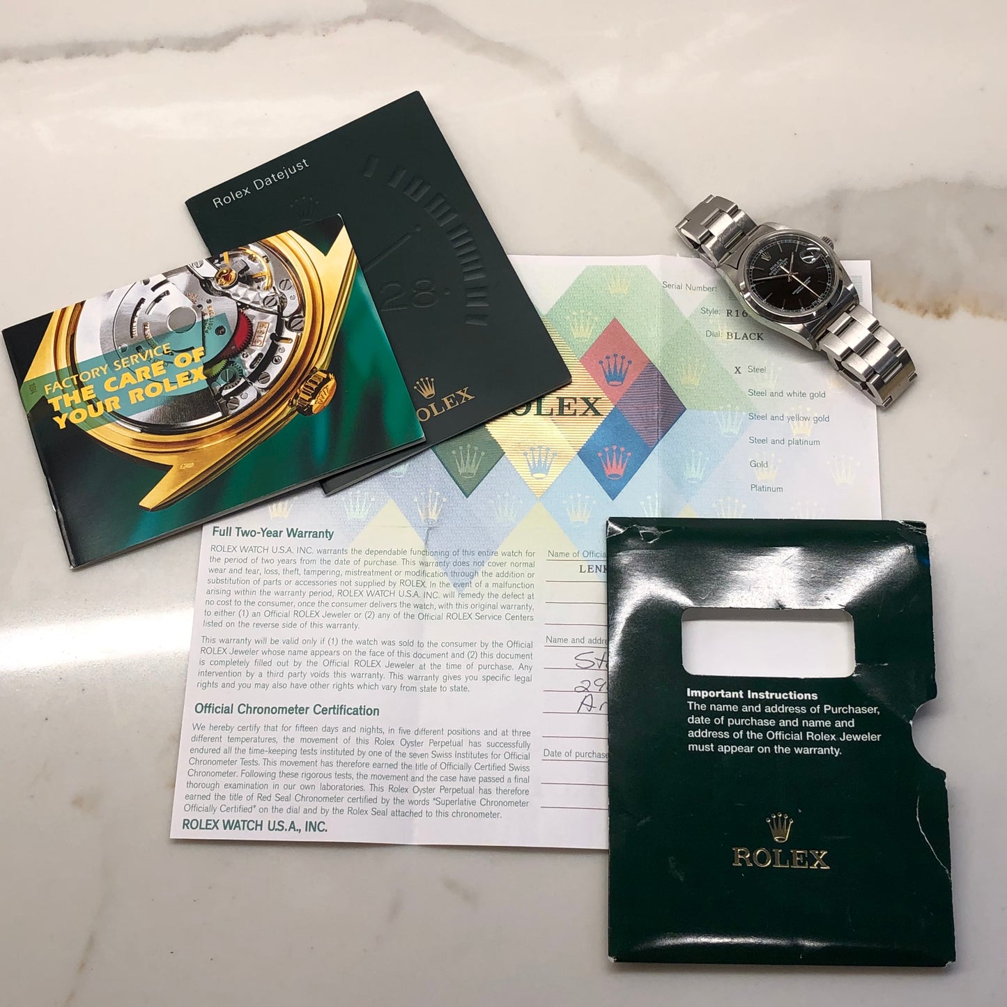 2003 Rolex Datejust 16200 Black Stick Oyster Perpetual Automatic Wristwatch with Papers