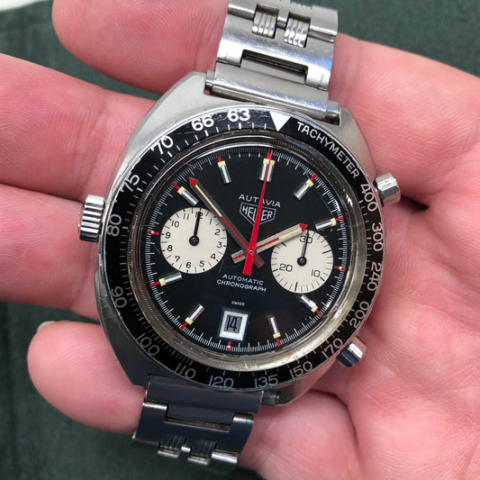 1972 Heuer Autavia 1163V Viceroy Steel Chronograph Caliber 12 Wristwatch Barnfind - HASHTAGWATCHCO