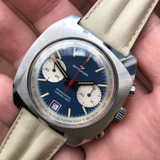 1970s Wittnauer Professional Chrono-Date 8031 Chronograph Valjoux 7734 Blue Wirstwatch - Hashtag Watch Company