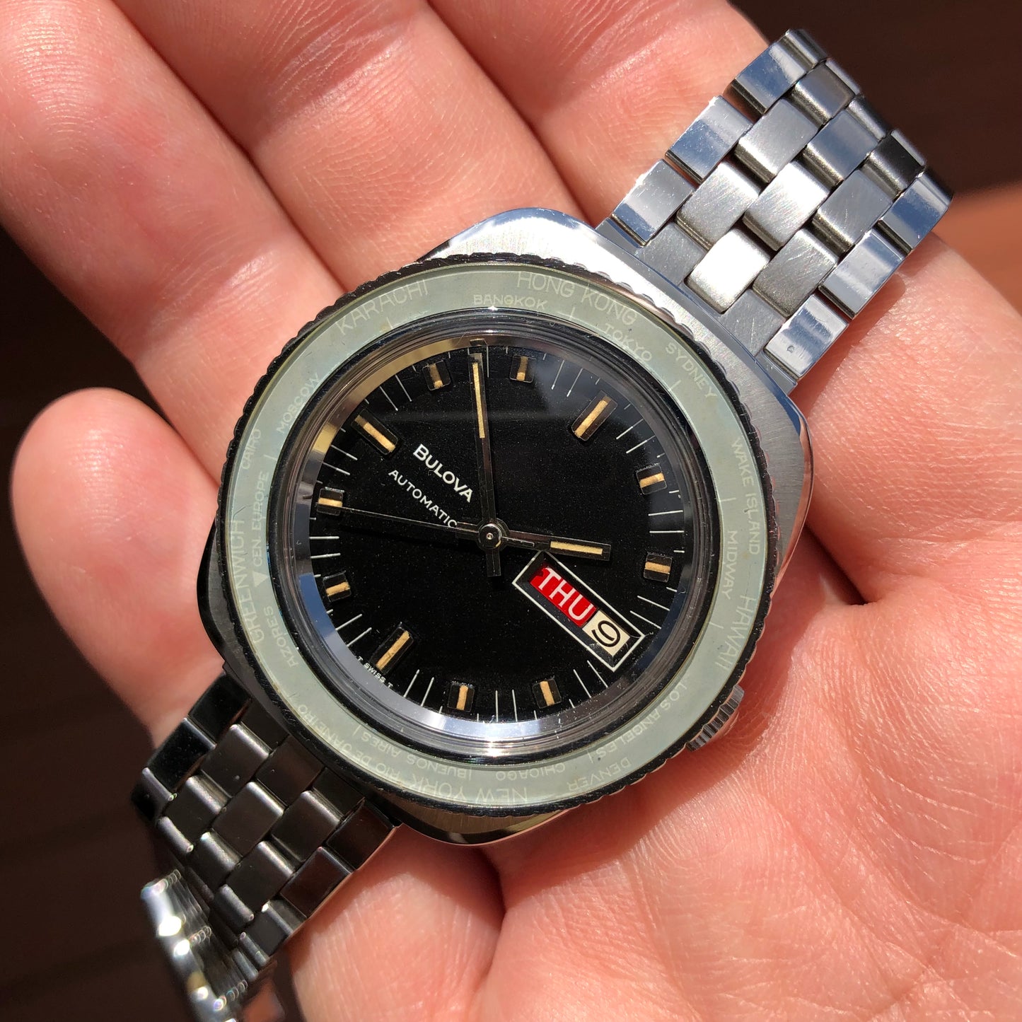 1969 Vintage Bulova SkyStar World Time M9 38mm Black Dial Day Date Ghost Insert Automatic Wristwatch - Hashtag Watch Company