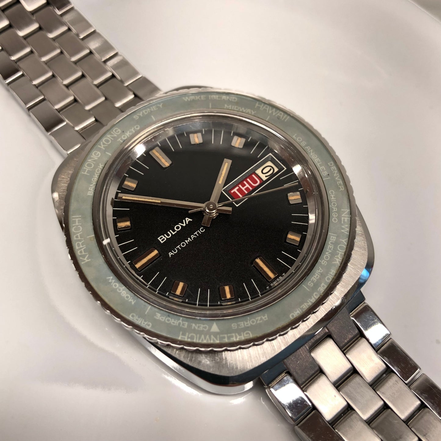 1969 Vintage Bulova SkyStar World Time M9 38mm Black Dial Day Date Ghost Insert Automatic Wristwatch - Hashtag Watch Company