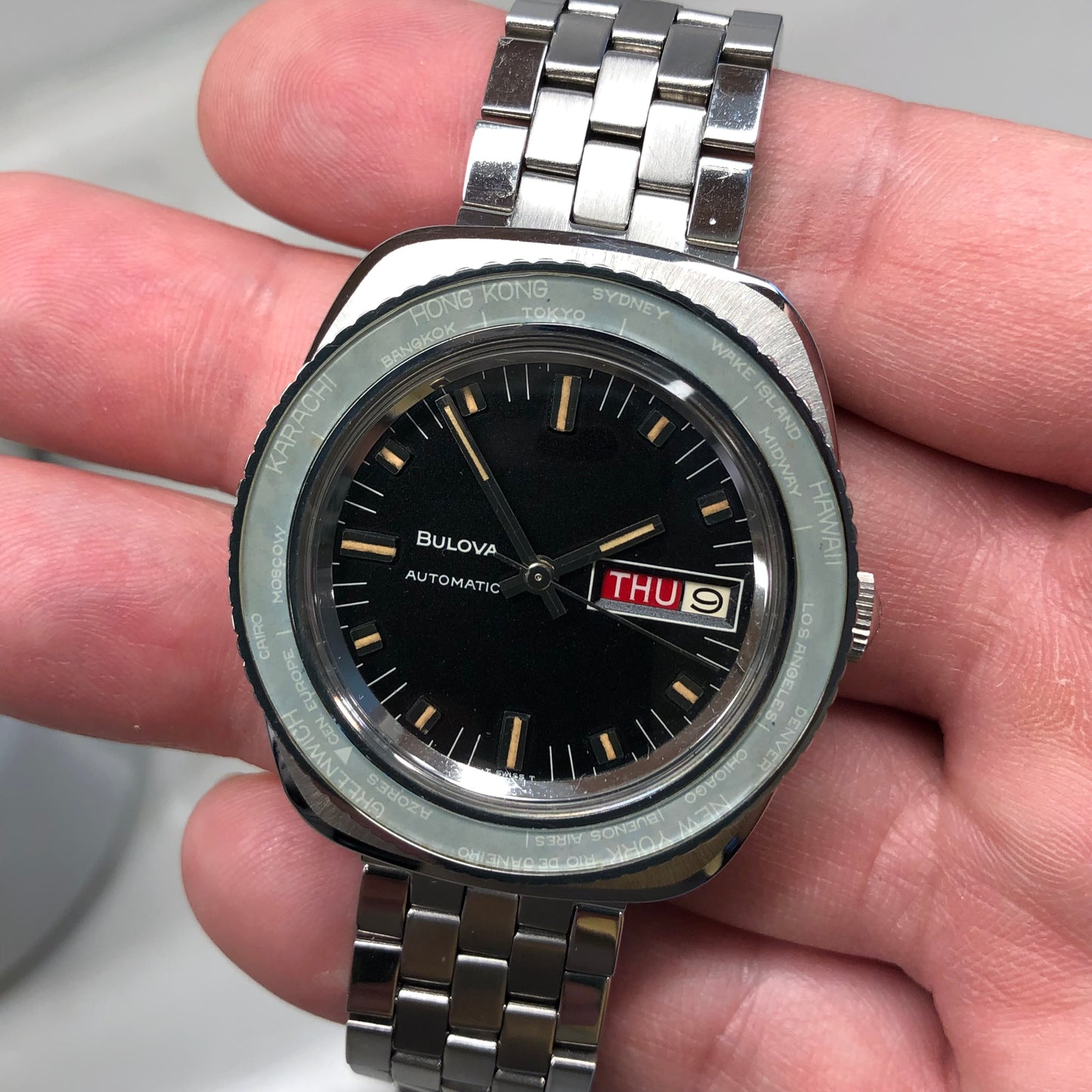 1969 Vintage Bulova SkyStar World Time M9 38mm Black Dial Day Date Ghost Insert Automatic Wristwatch - Hashtag Watch Company