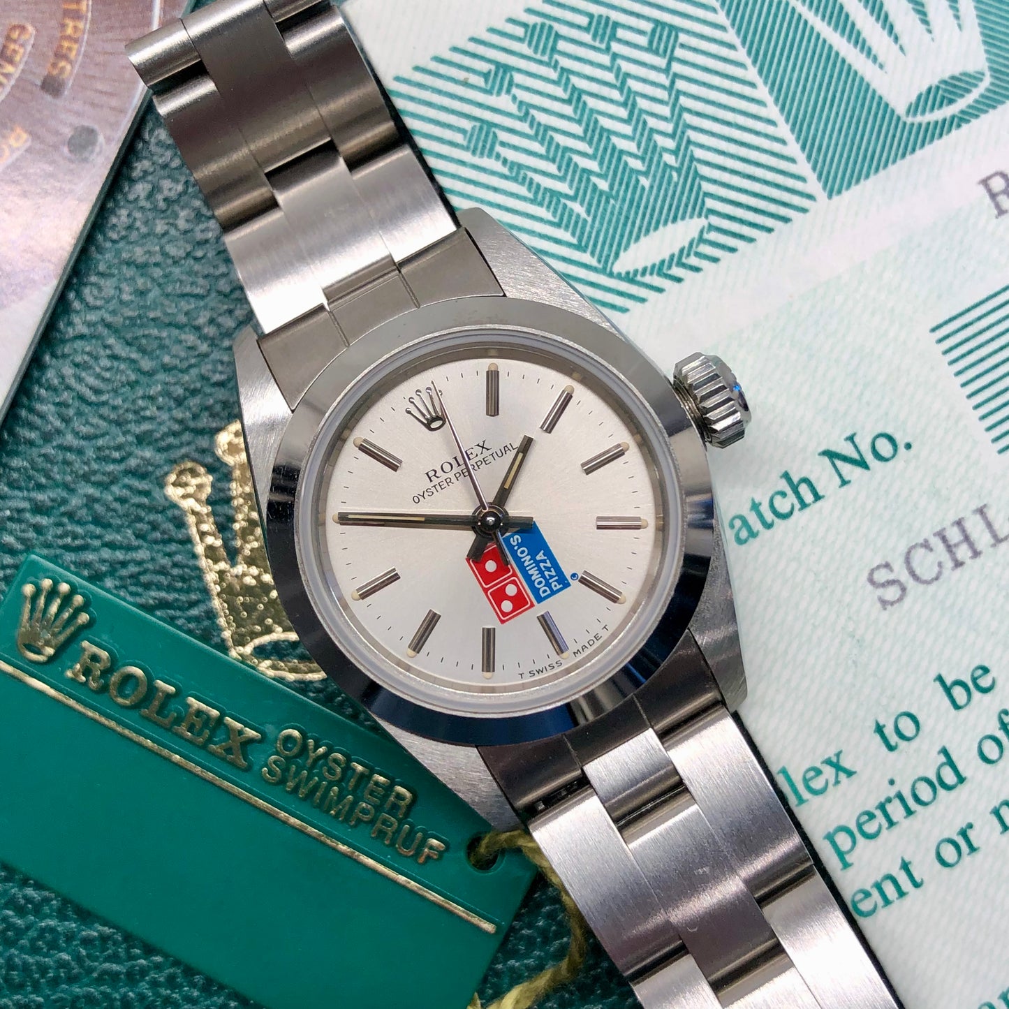1991 Rolex Oyster Perpetual 67180 Domino's Pizza Logo Steel Oyster Automatic Wristwatch with Box and Papers - HASHTAGWATCHCO