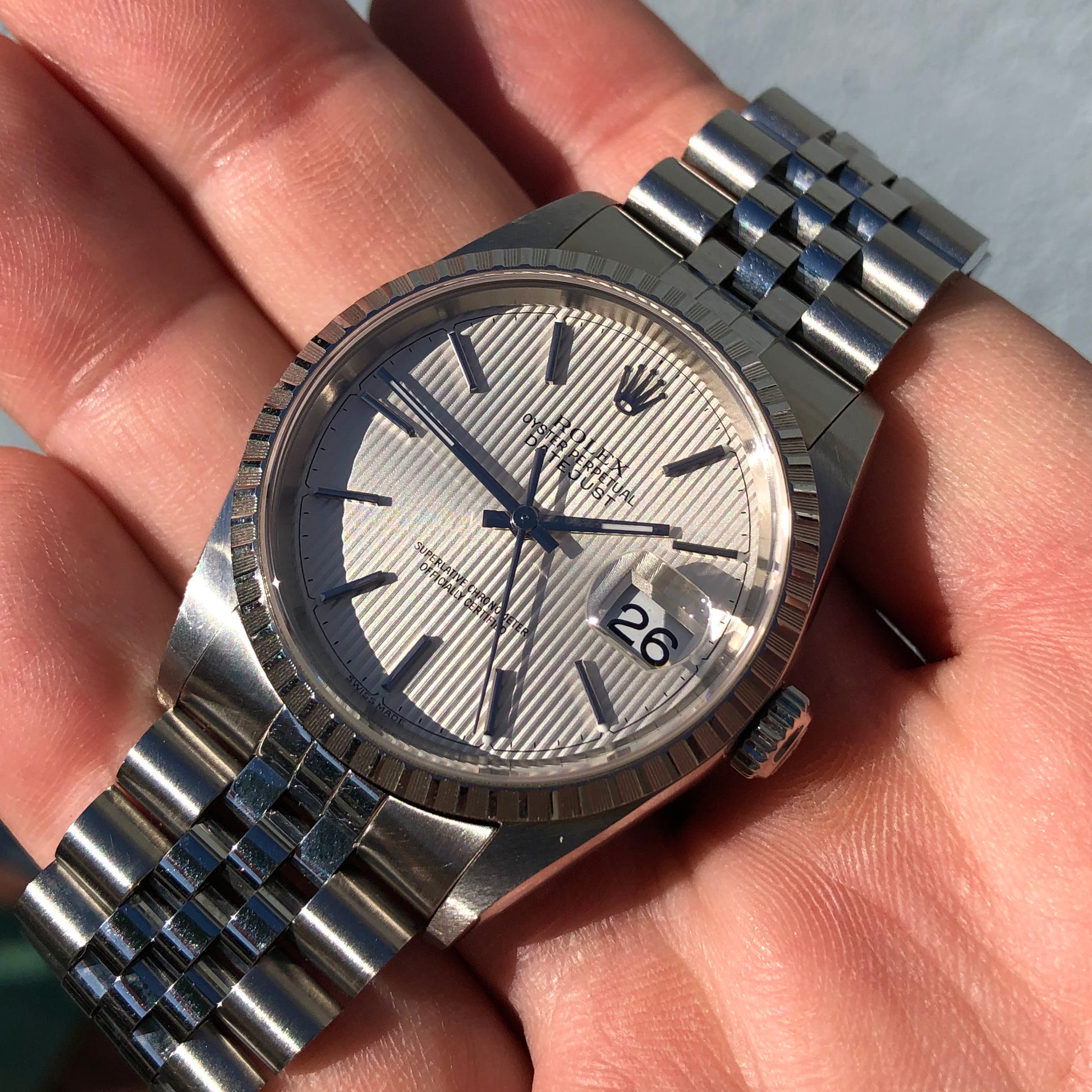 2002 Rolex Datejust 16220 Silver Tapestry Steel Jubilee Wristwatch with Box and Papers - HASHTAGWATCHCO