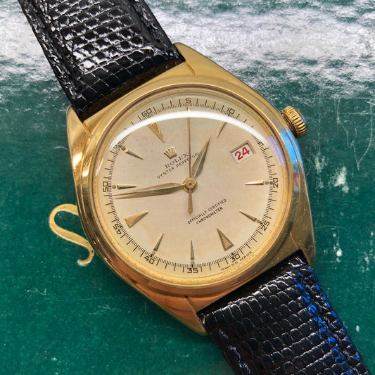 1949 Rolex Ovettone 5030 18K Yellow Gold Oyster Perpetual Chronometer Roulette Wristwatch - HASHTAGWATCHCO