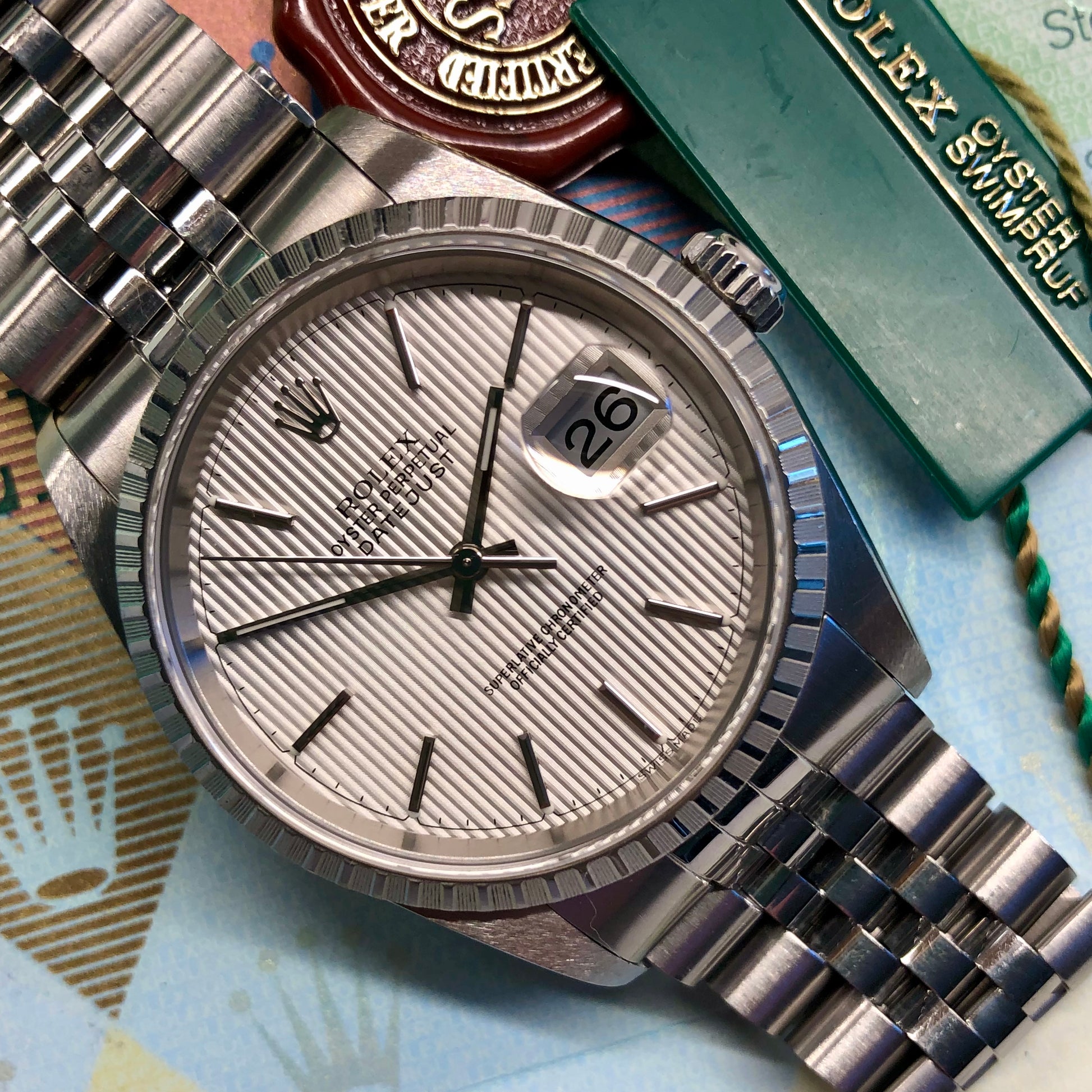 2002 Rolex Datejust 16220 Silver Tapestry Steel Jubilee Wristwatch with Box and Papers - HASHTAGWATCHCO