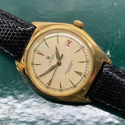 1949 Rolex Ovettone 5030 18K Yellow Gold Oyster Perpetual Chronometer Roulette Wristwatch - HASHTAGWATCHCO