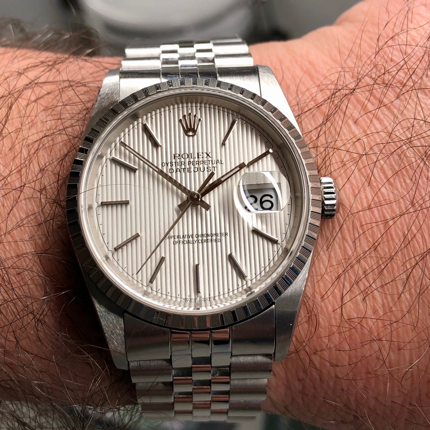 2002 Rolex Datejust 16220 Silver Tapestry Steel Jubilee Wristwatch with Box and Papers - HASHTAGWATCHCO