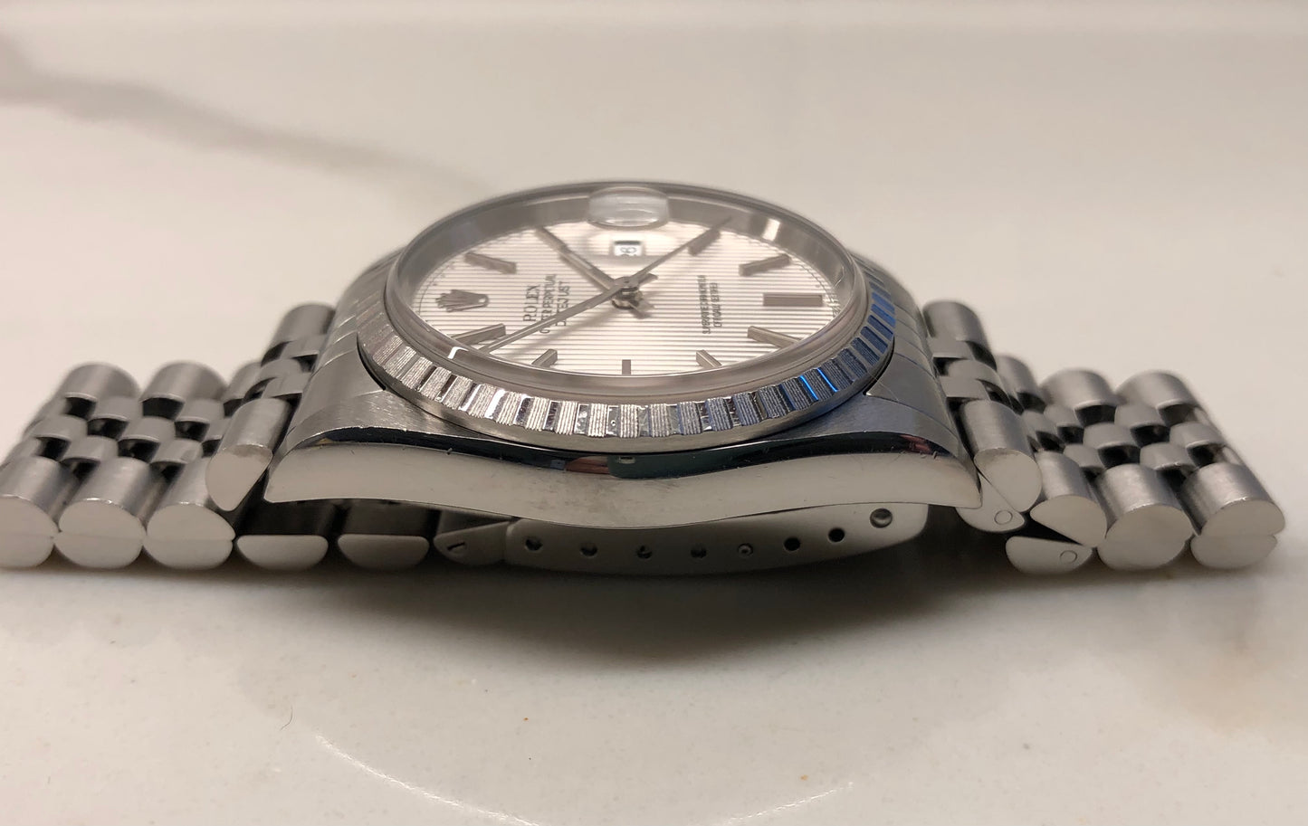 2002 Rolex Datejust 16220 Silver Tapestry Steel Jubilee Wristwatch with Box and Papers - HASHTAGWATCHCO