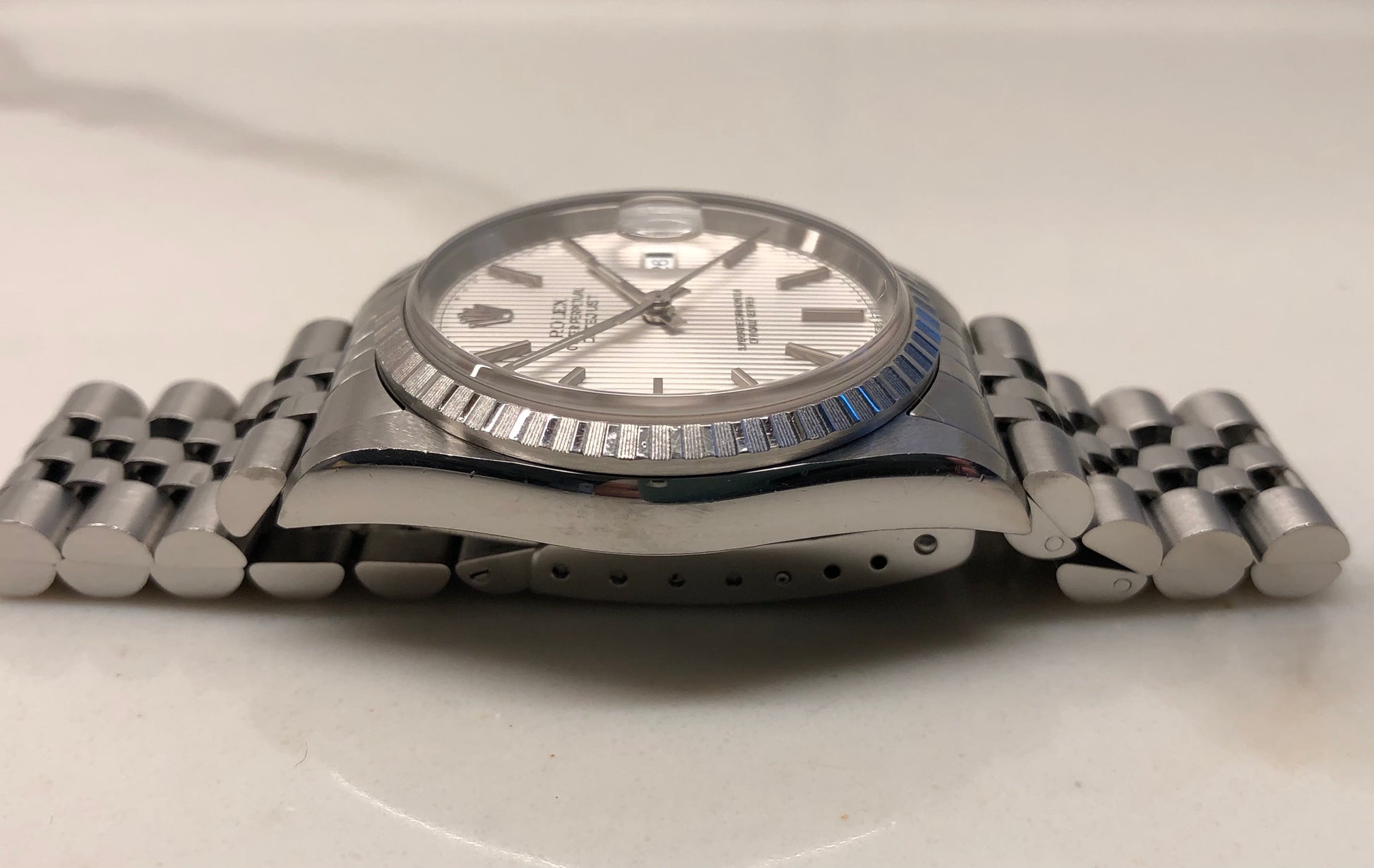 2002 Rolex Datejust 16220 Silver Tapestry Steel Jubilee Wristwatch with Box and Papers - HASHTAGWATCHCO