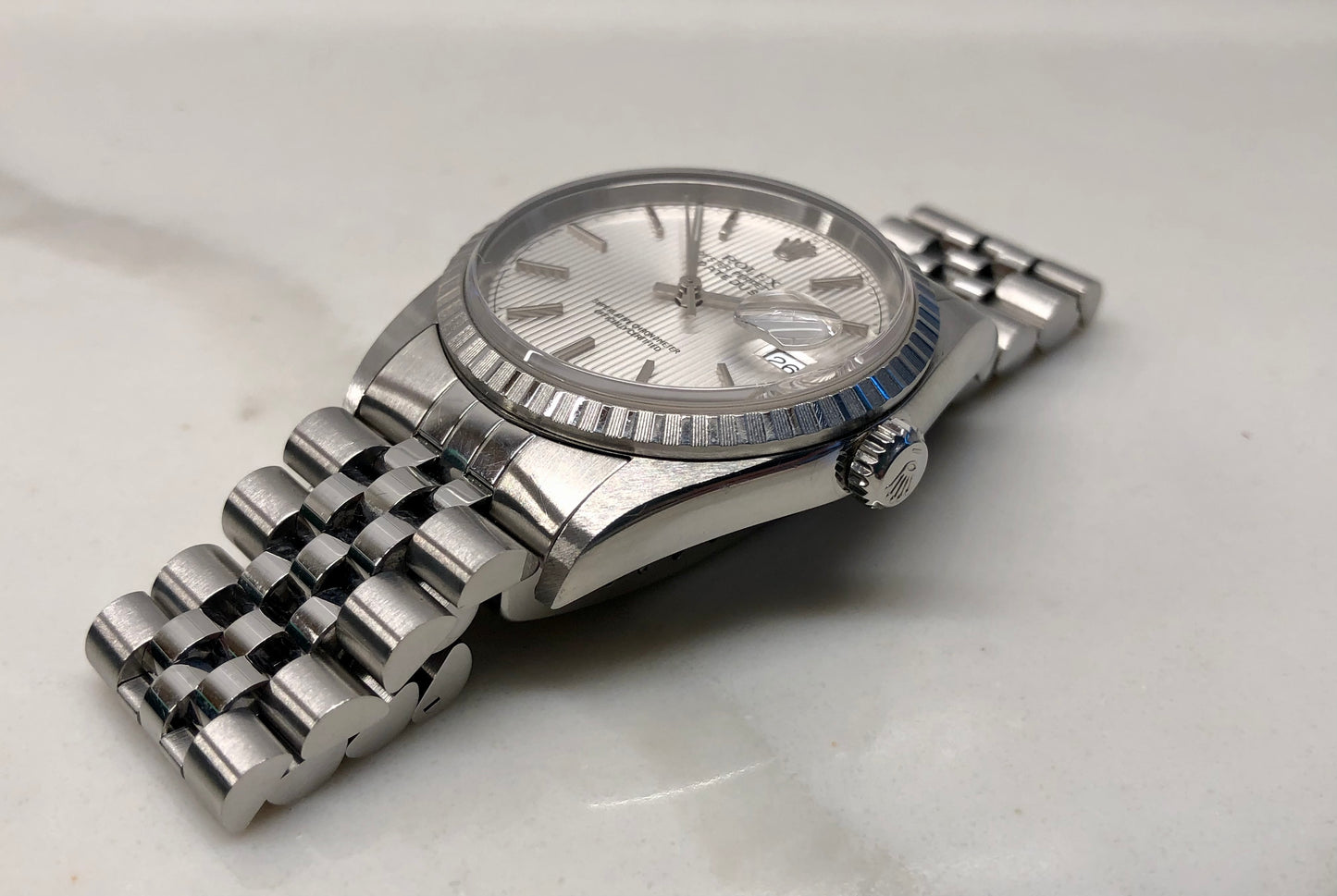 2002 Rolex Datejust 16220 Silver Tapestry Steel Jubilee Wristwatch with Box and Papers - HASHTAGWATCHCO