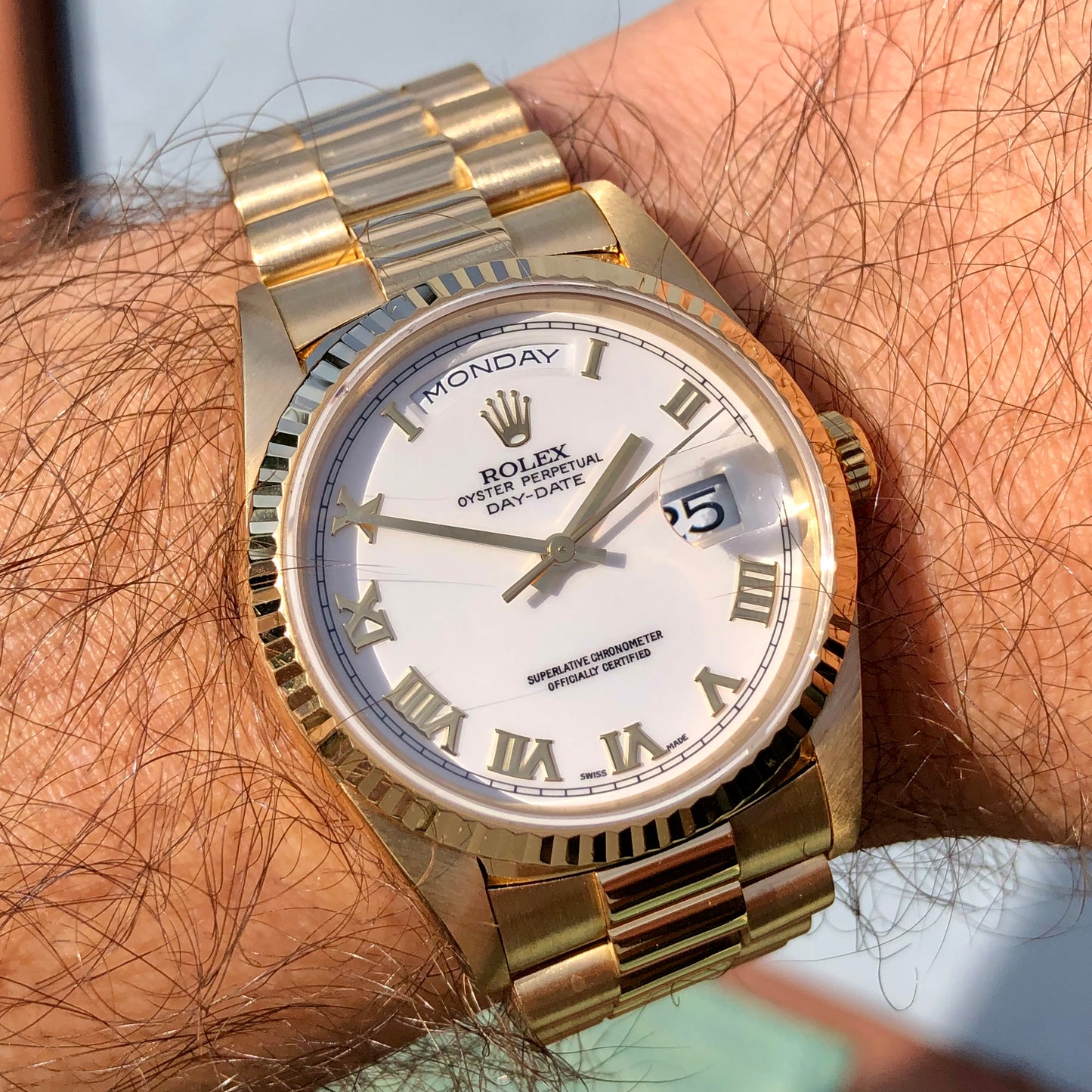 1996 Rolex President 18238 Day Date 18K Yellow Gold White Roman Wristwatch with Box and Papers - HASHTAGWATCHCO