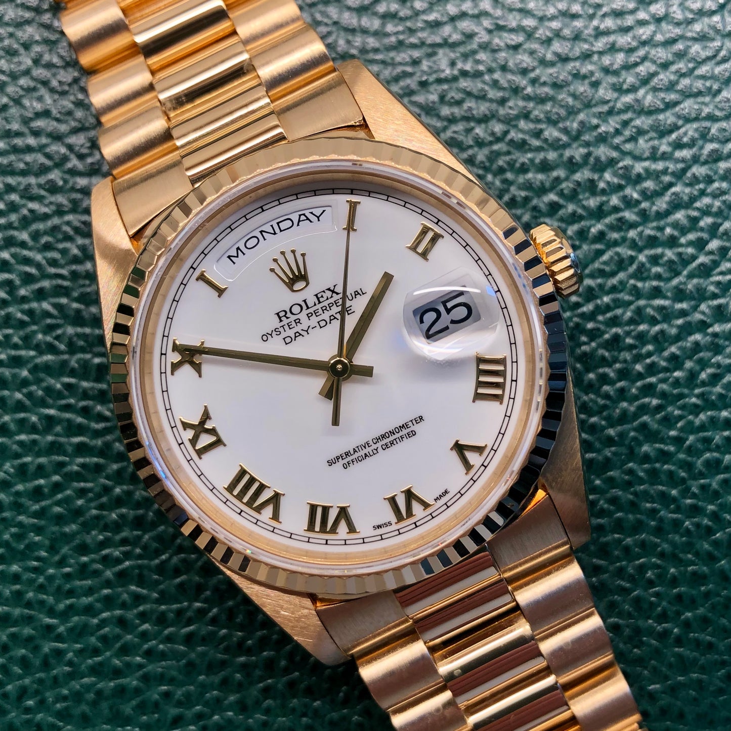 1996 Rolex President 18238 Day Date 18K Yellow Gold White Roman Wristwatch with Box and Papers - HASHTAGWATCHCO