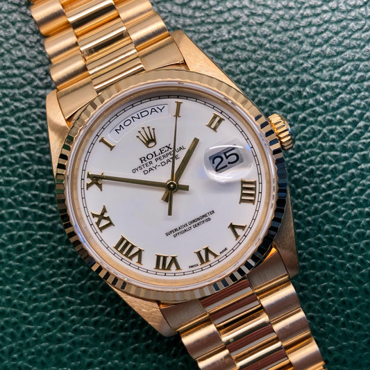 1996 Rolex President 18238 Day Date 18K Yellow Gold White Roman Wristwatch with Box and Papers - HASHTAGWATCHCO