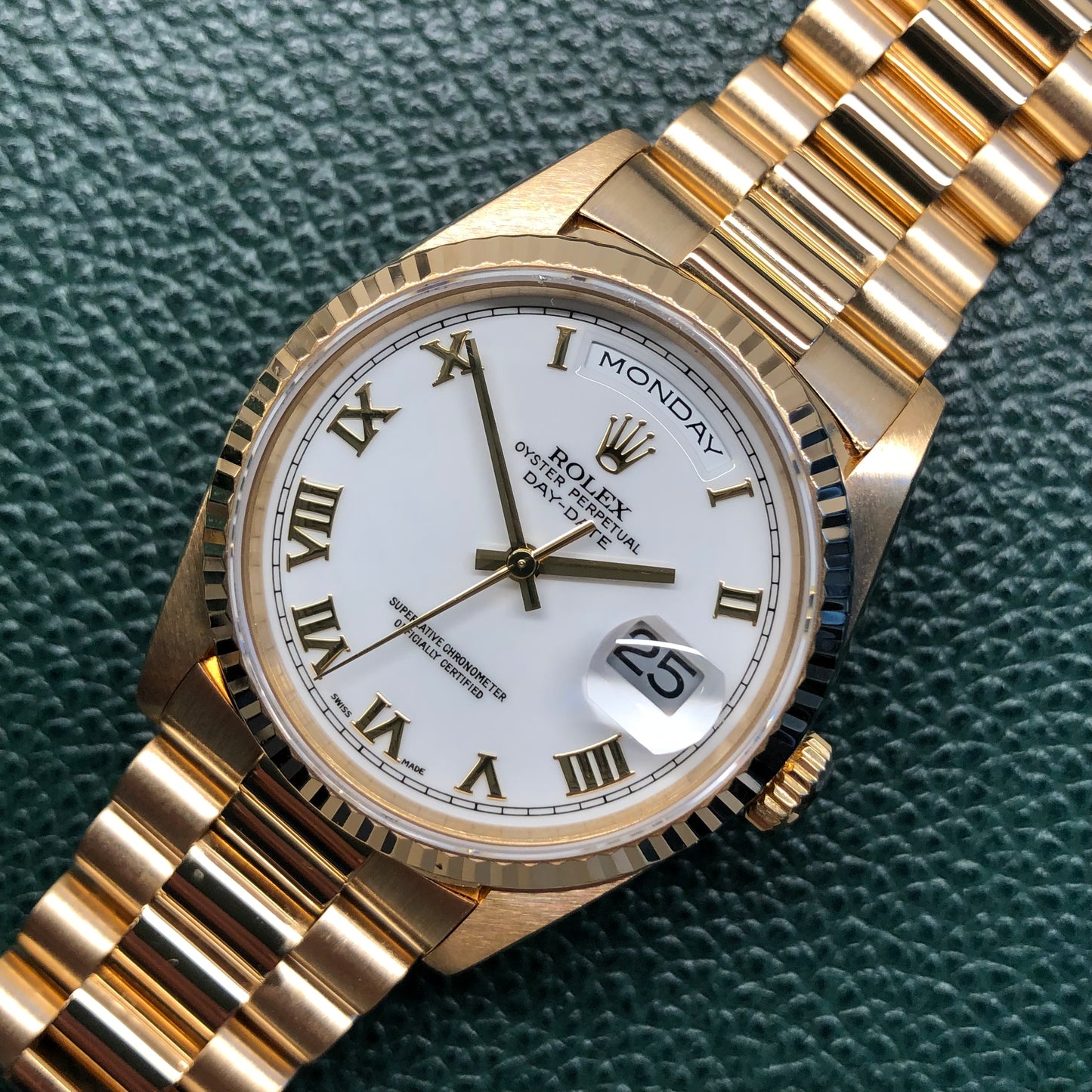 1996 Rolex President 18238 Day Date 18K Yellow Gold White Roman Wristwatch with Box and Papers - HASHTAGWATCHCO