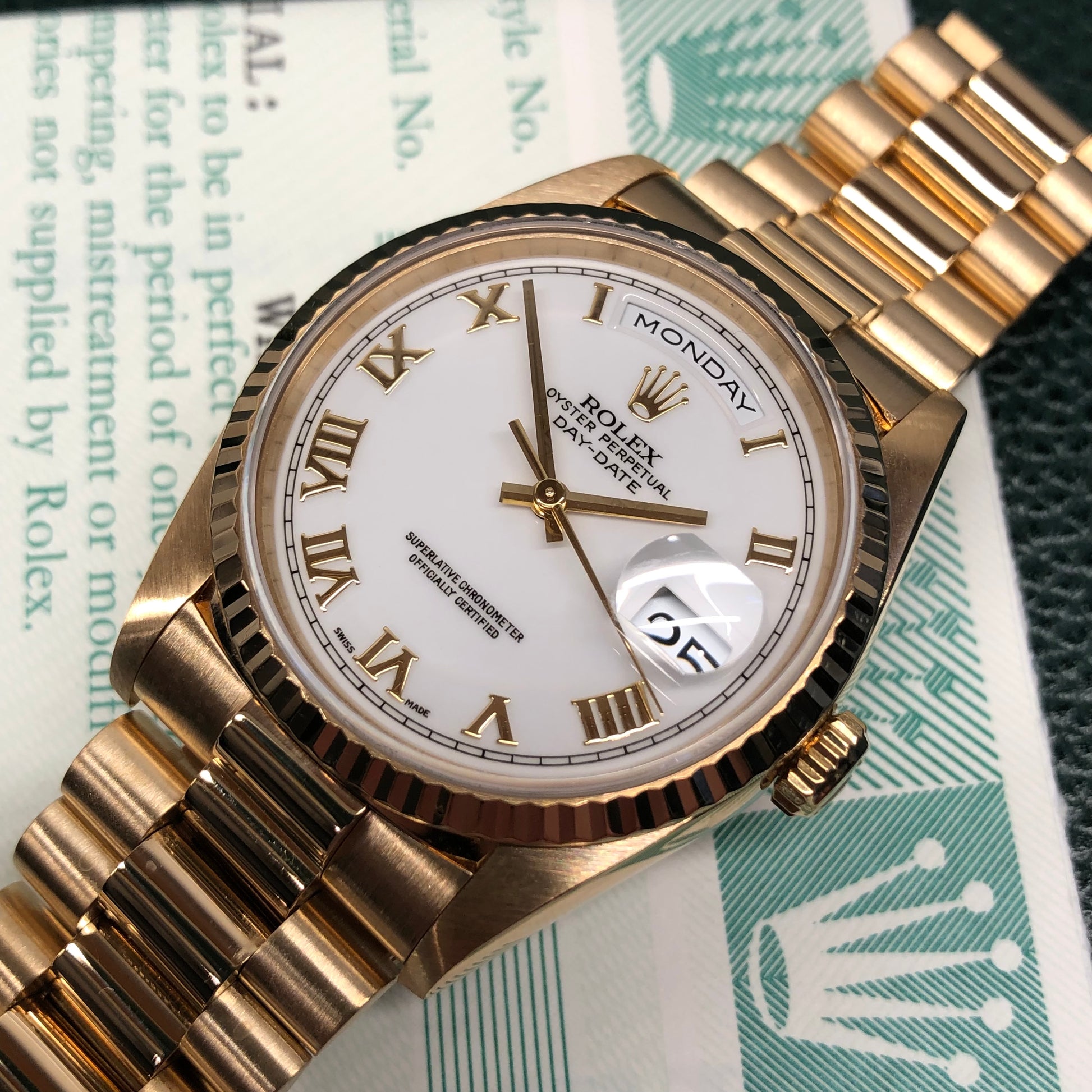 1996 Rolex President 18238 Day Date 18K Yellow Gold White Roman Wristwatch with Box and Papers - HASHTAGWATCHCO