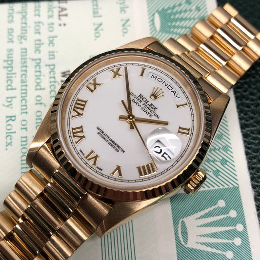 1996 Rolex President 18238 Day Date 18K Yellow Gold White Roman Wristwatch with Box and Papers - HASHTAGWATCHCO