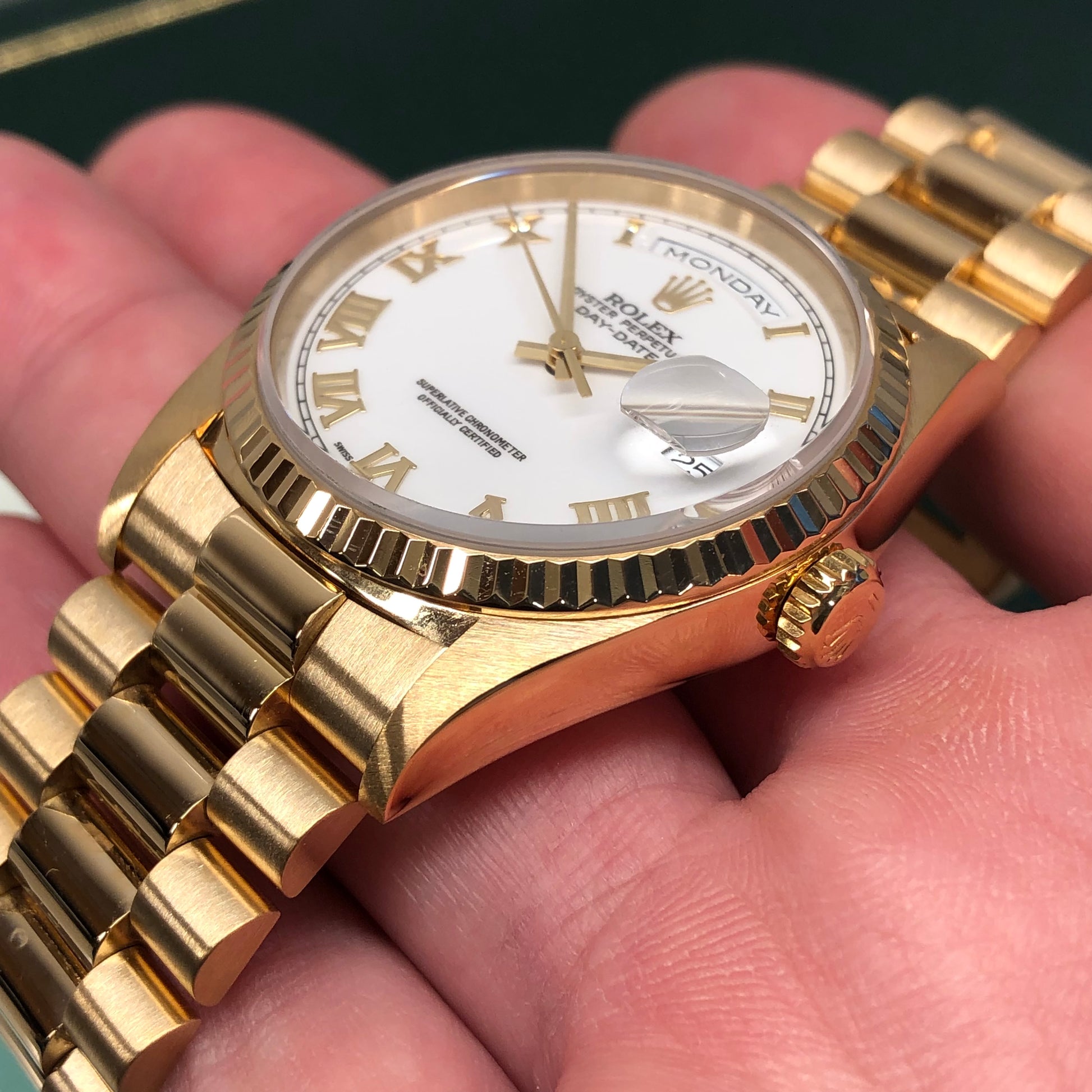 1996 Rolex President 18238 Day Date 18K Yellow Gold White Roman Wristwatch with Box and Papers - HASHTAGWATCHCO