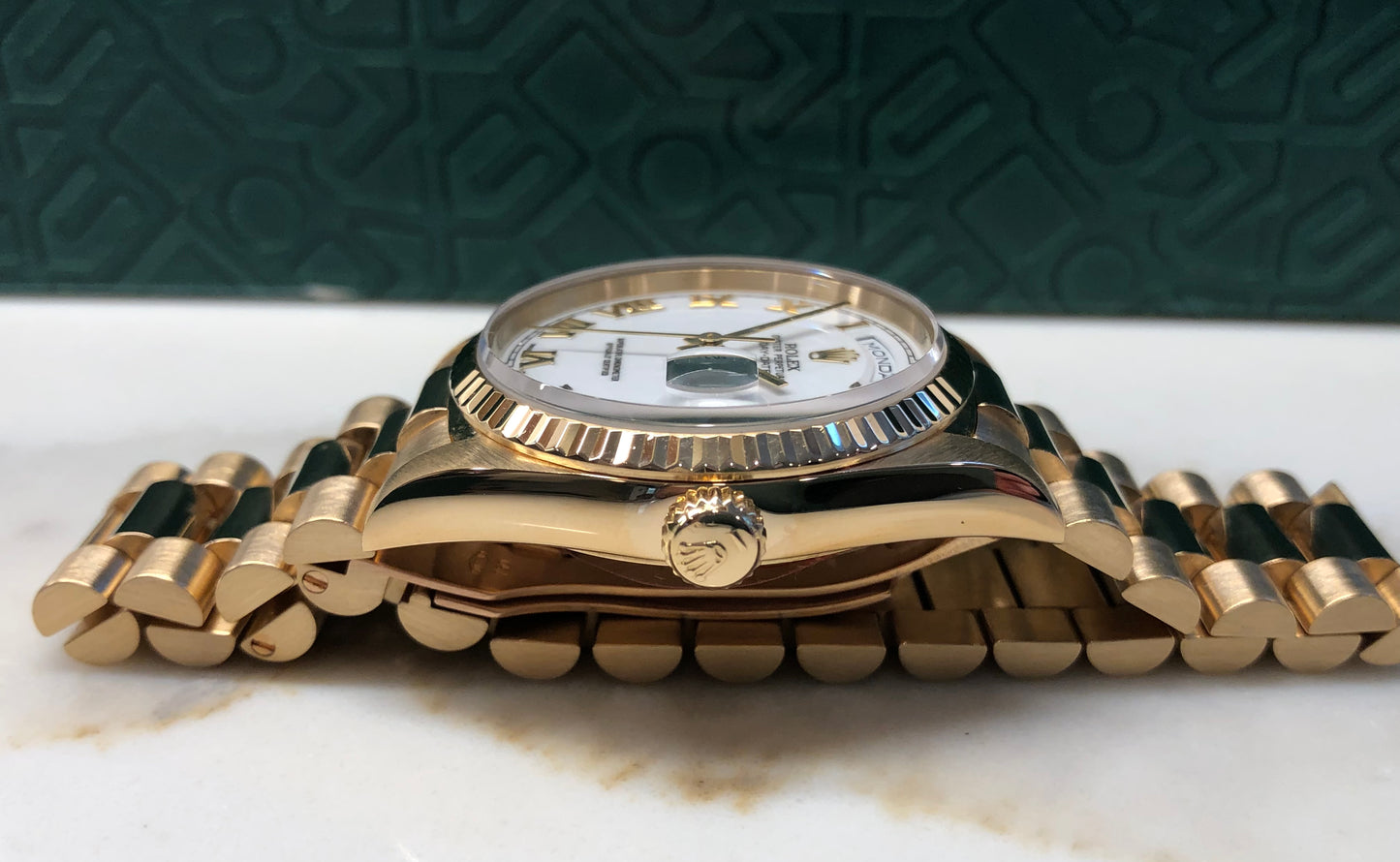 1996 Rolex President 18238 Day Date 18K Yellow Gold White Roman Wristwatch with Box and Papers - HASHTAGWATCHCO