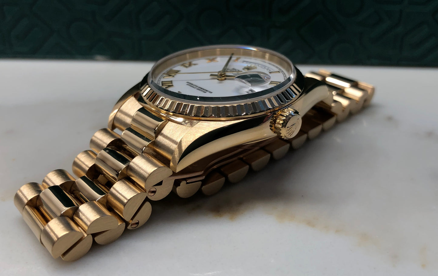 1996 Rolex President 18238 Day Date 18K Yellow Gold White Roman Wristwatch with Box and Papers - HASHTAGWATCHCO