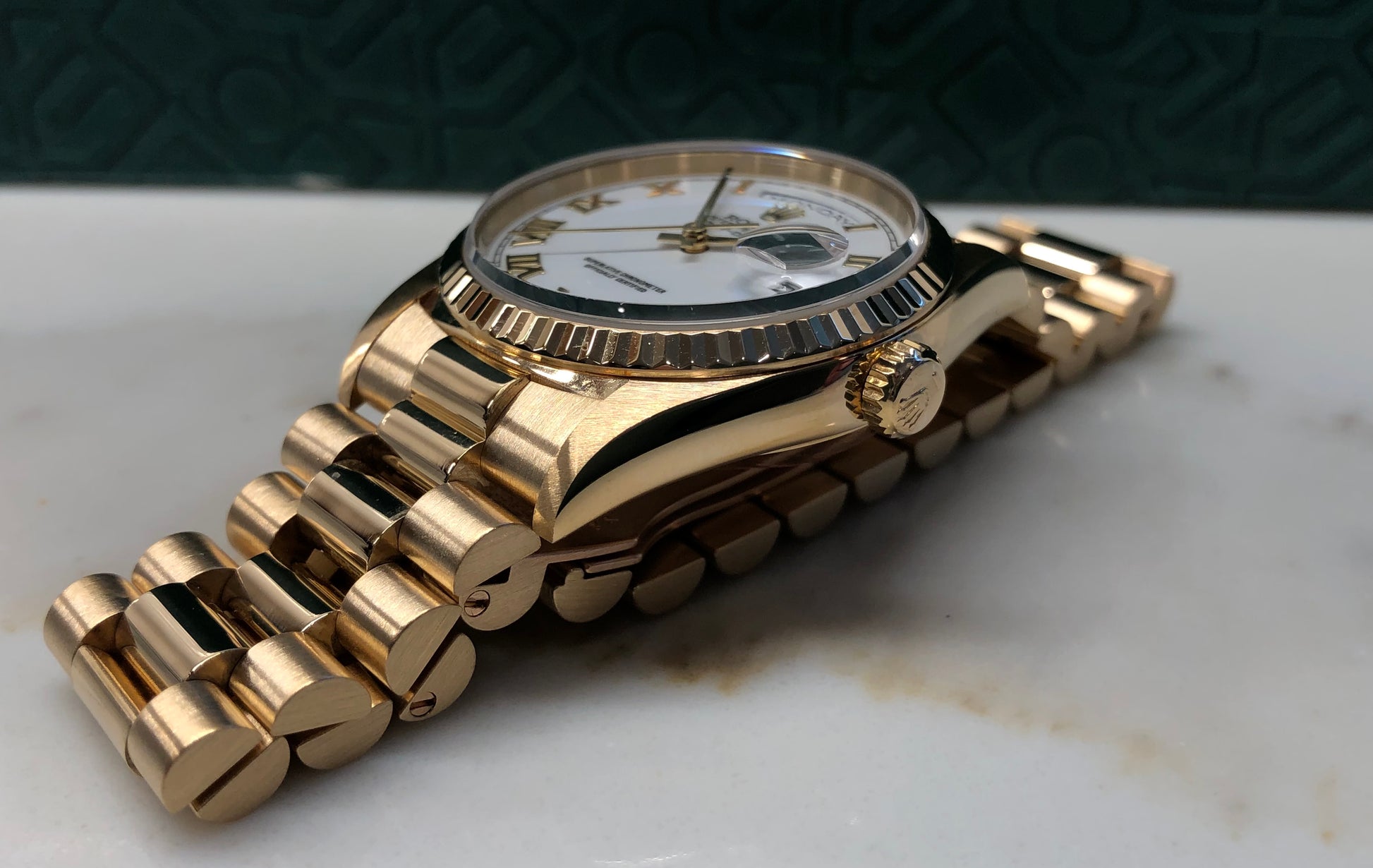 1996 Rolex President 18238 Day Date 18K Yellow Gold White Roman Wristwatch with Box and Papers - HASHTAGWATCHCO