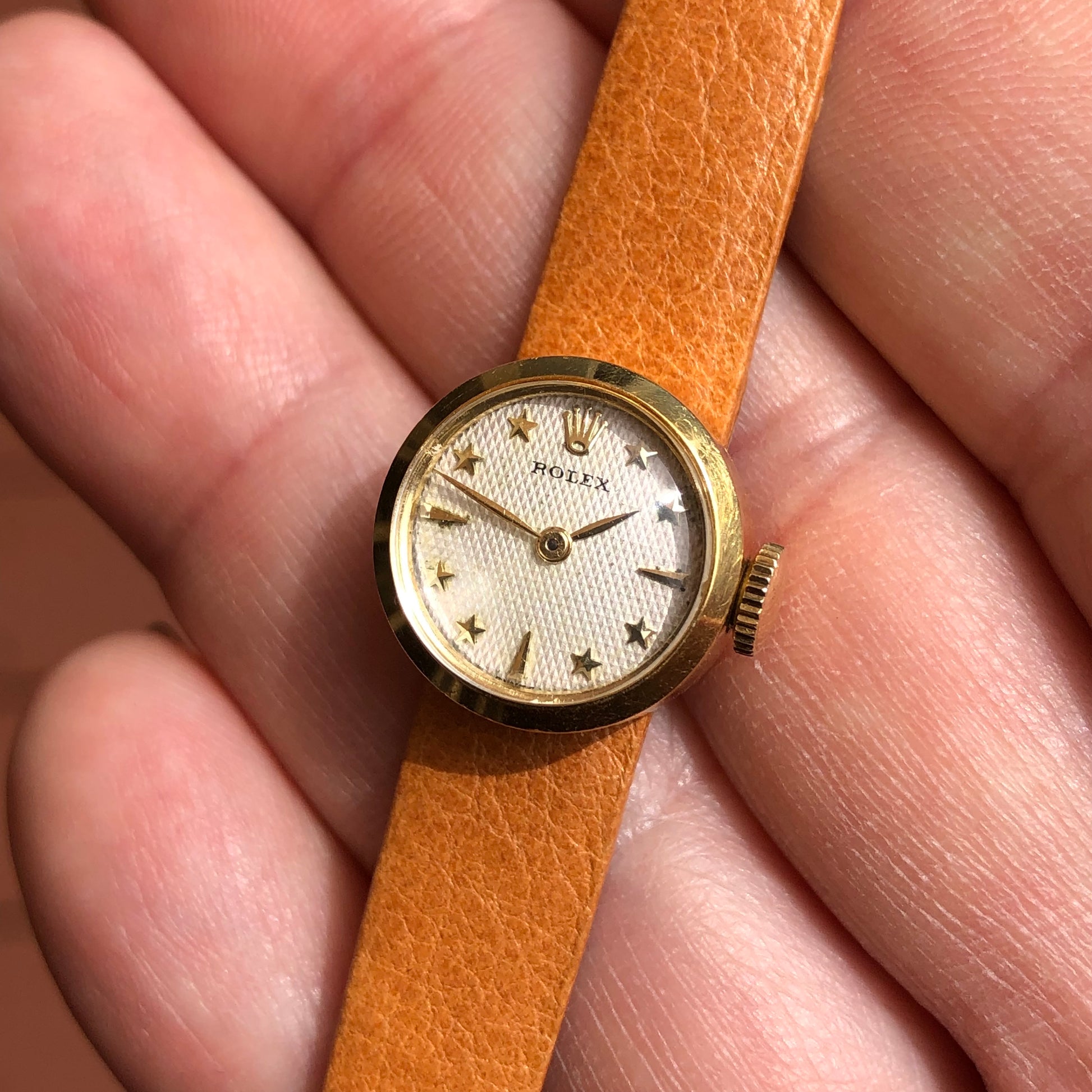 1950s Rolex Precision 00008 White Waffle Star Dial 18K Yellow Gold Cocktail Dress Wristwatch - Hashtag Watch Company