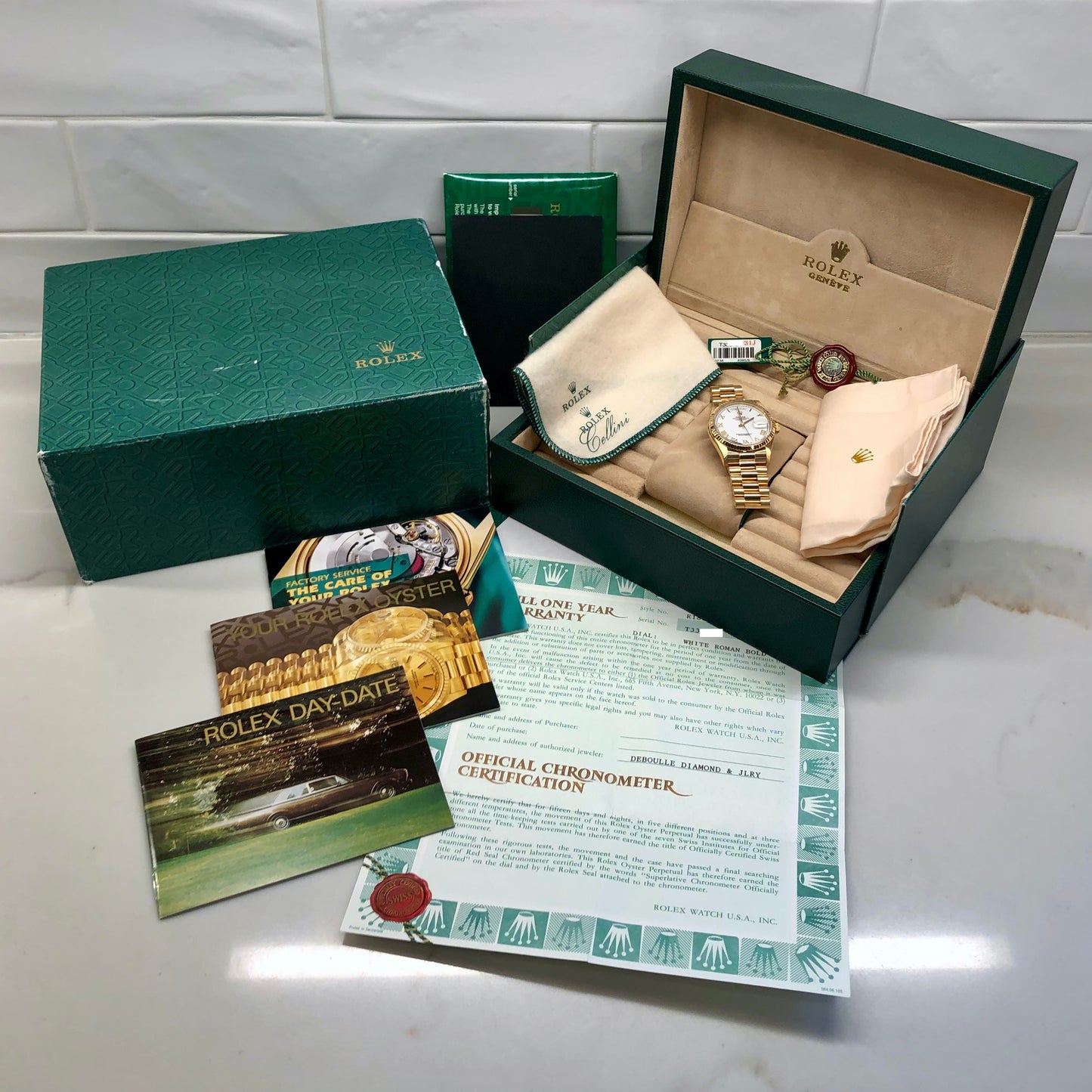 1996 Rolex President 18238 Day Date 18K Yellow Gold White Roman Wristwatch with Box and Papers - HASHTAGWATCHCO