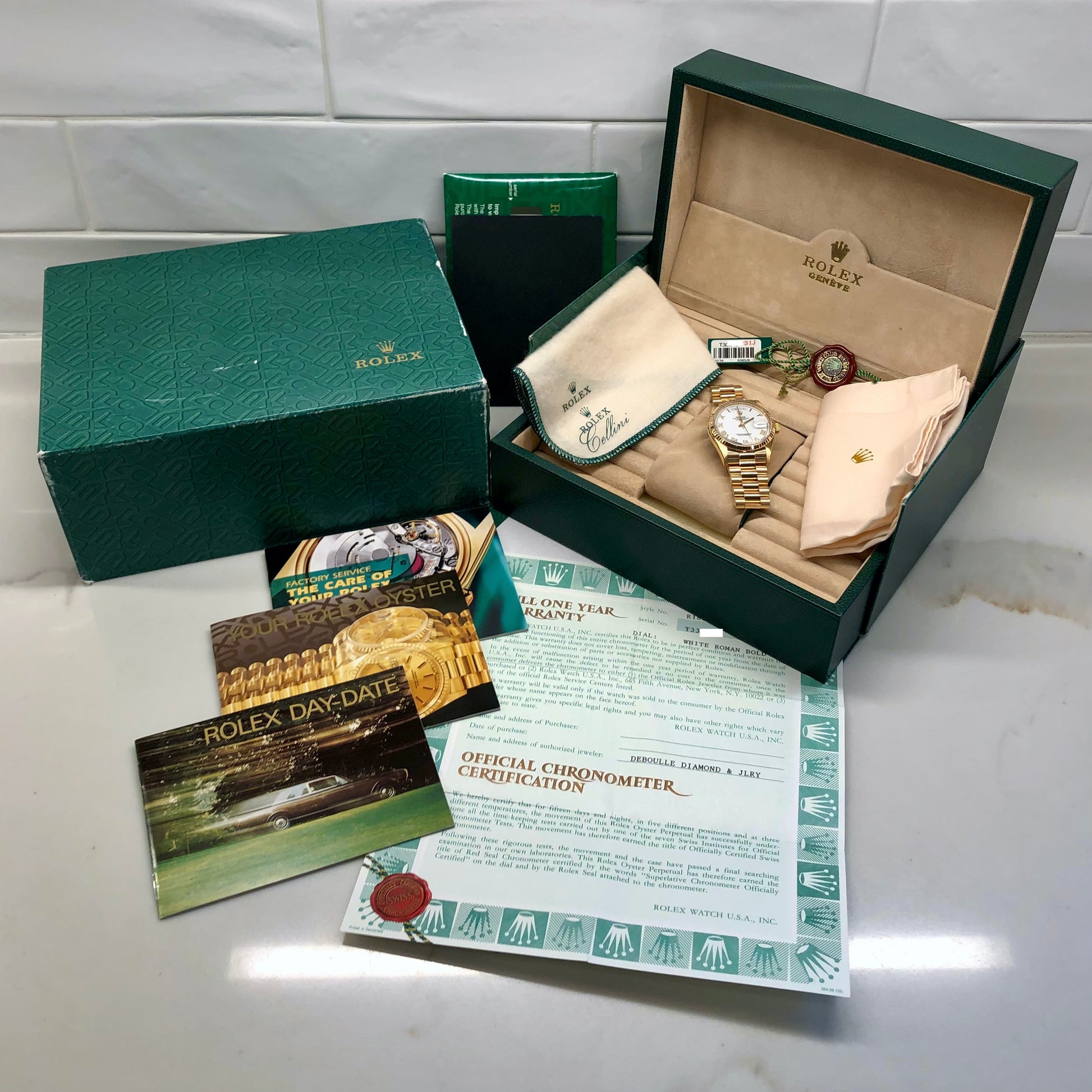 1996 Rolex President 18238 Day Date 18K Yellow Gold White Roman Wristwatch with Box and Papers - HASHTAGWATCHCO