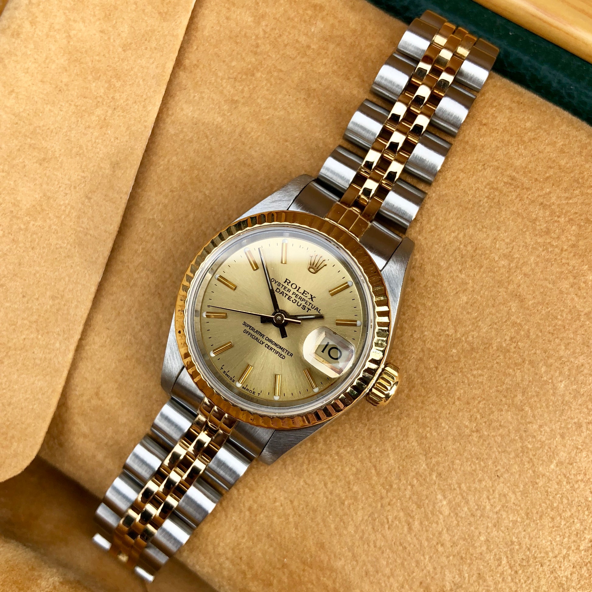 Rolex Datejust 69173 Ladies Two Tone Champagne Stick Dial Steel 18K Gold Jubilee Wristwatch - Hashtag Watch Company