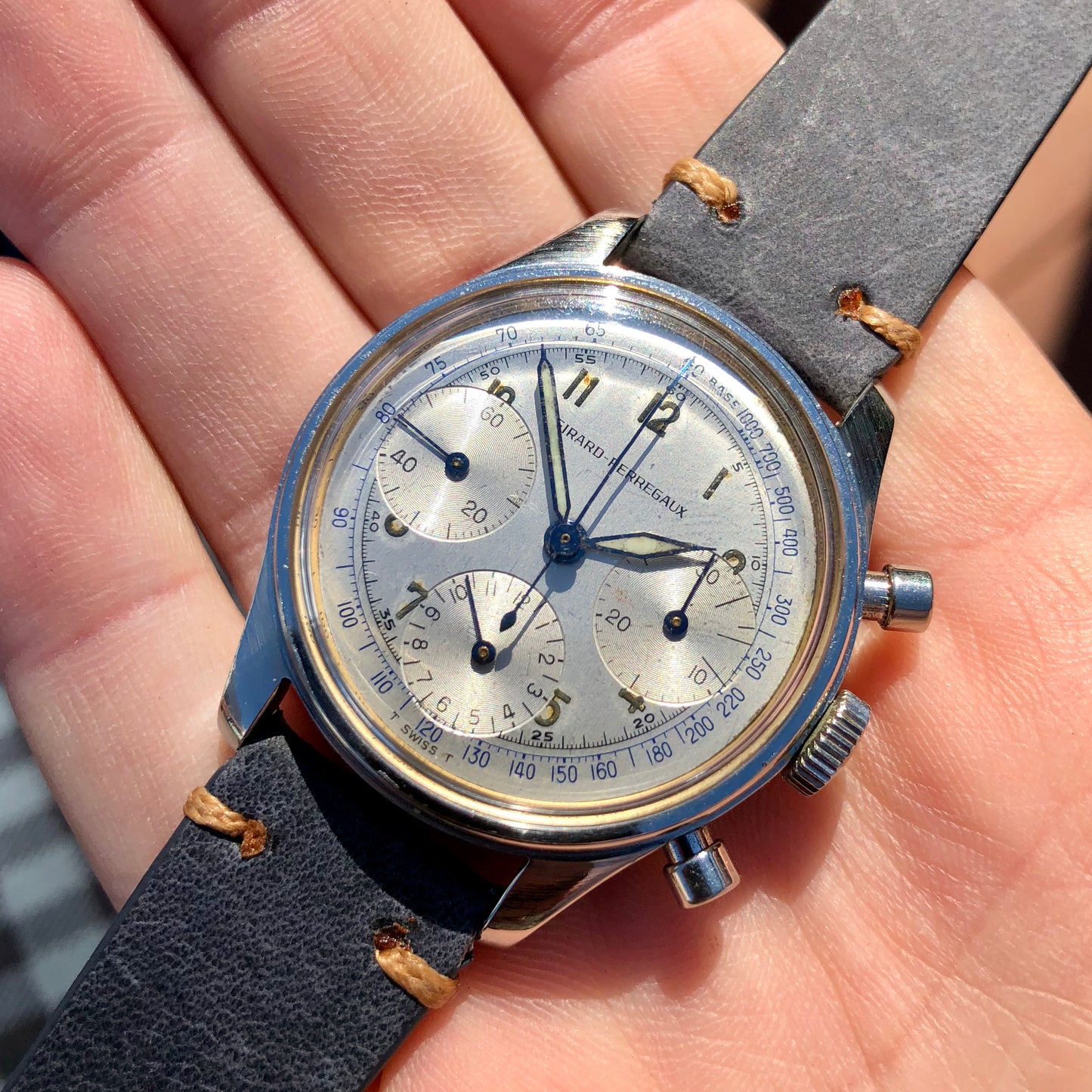 Vintage Girard Perregaux Steel Valjoux 72 Chronograph Silver Dial Wristwatch 1960s - Hashtag Watch Company