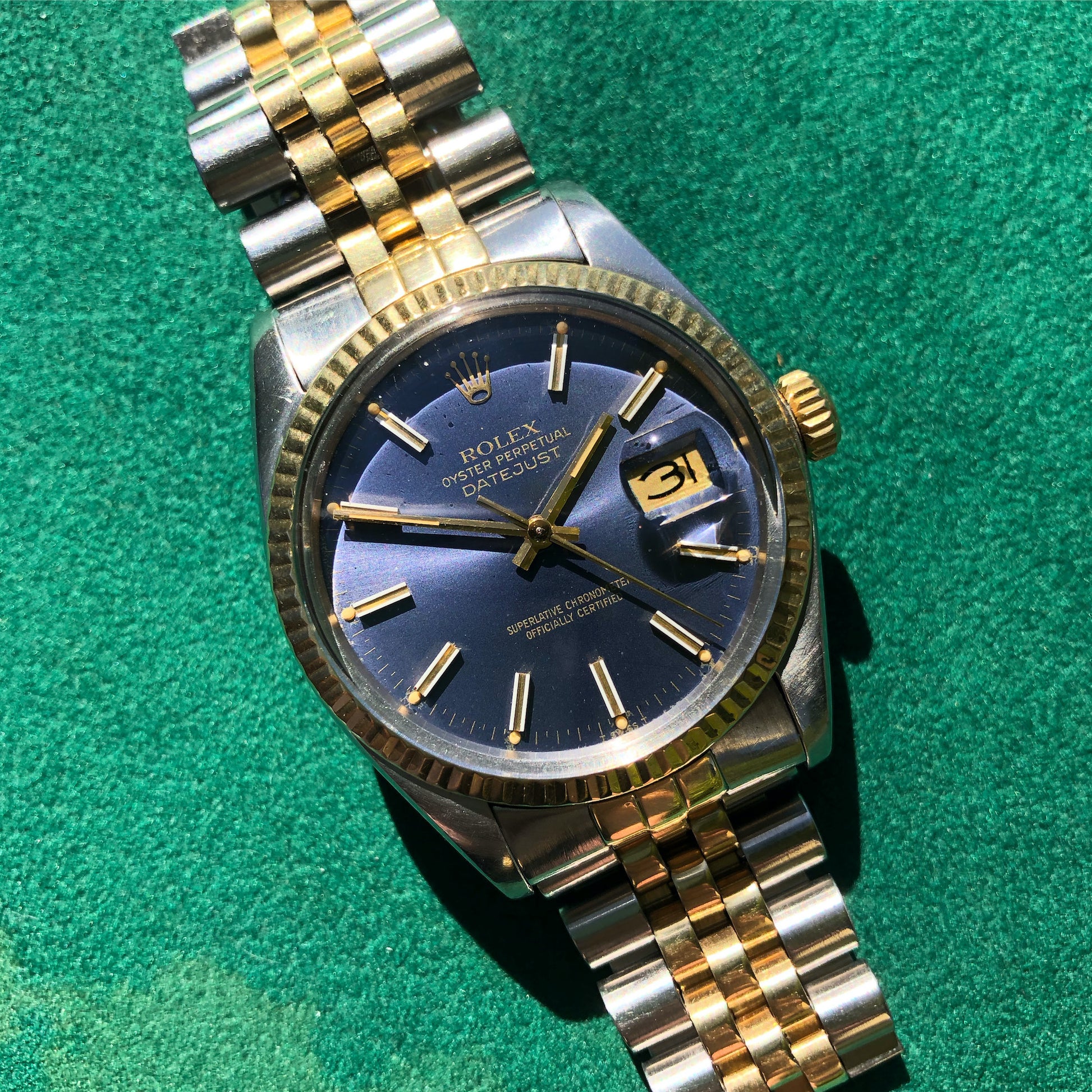 Vintage Rolex Datejust 16013 Steel Gold Two Tone Jubilee Tropical Automatic Wristwatch Circa 1980 - Hashtag Watch Company