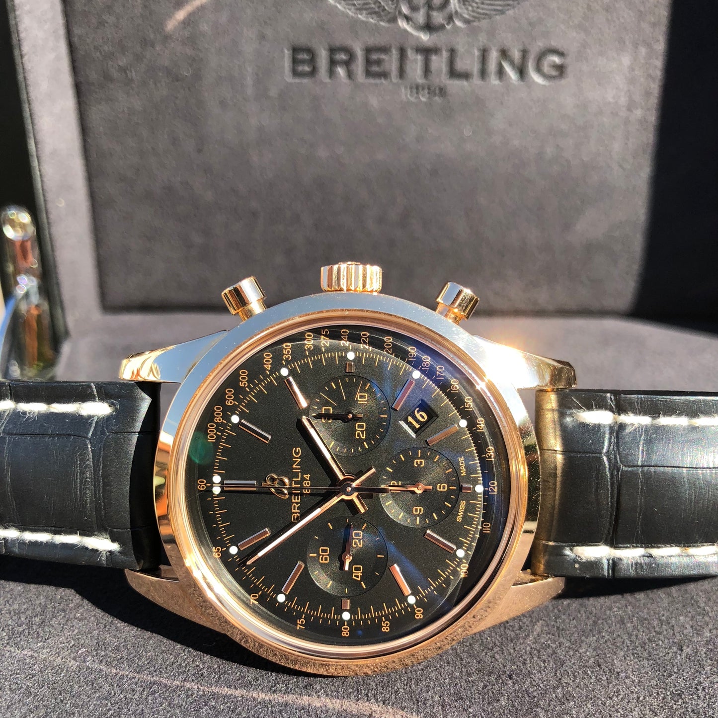 Breitling Transocean RB015212 18K Rose Gold Chronograph Black Dial Wristwatch Box Papers - Hashtag Watch Company