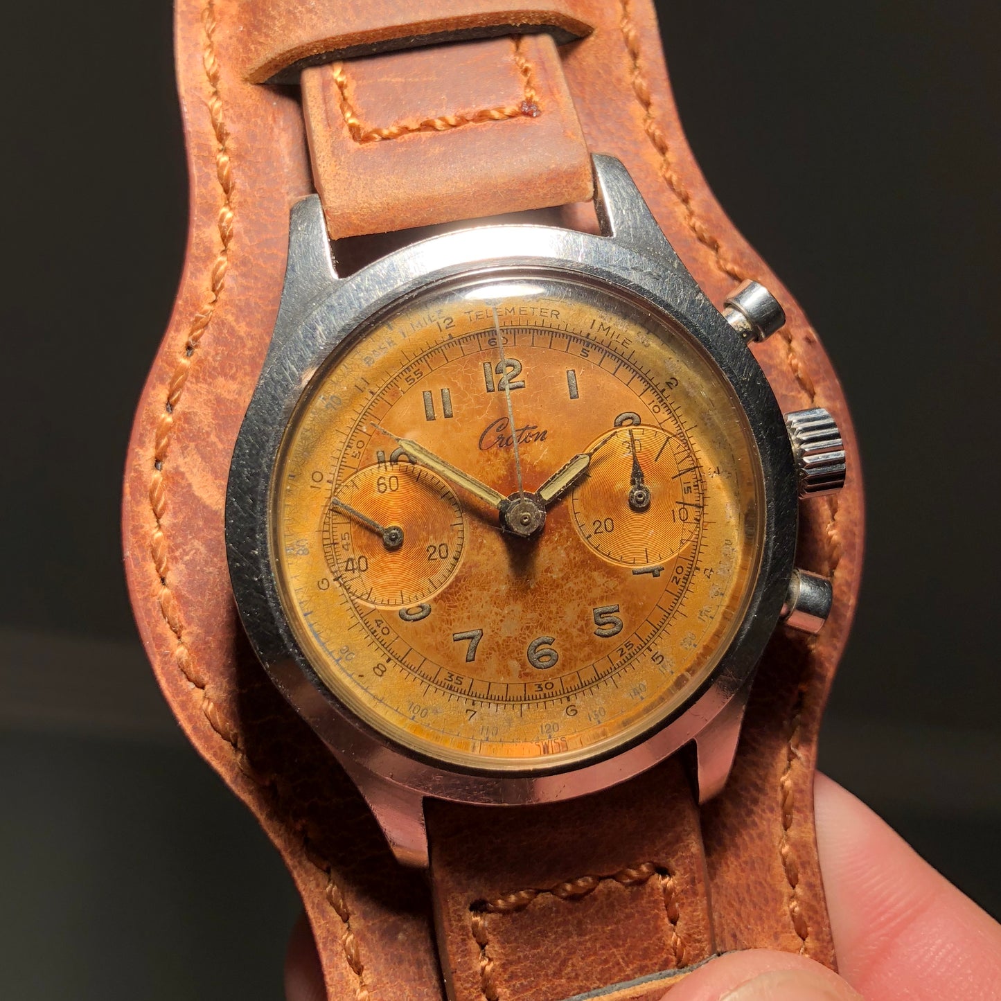 Vintage Croton Clamshell Steel Chronograph Sunburst Patina Manual Wristwatch - Hashtag Watch Company