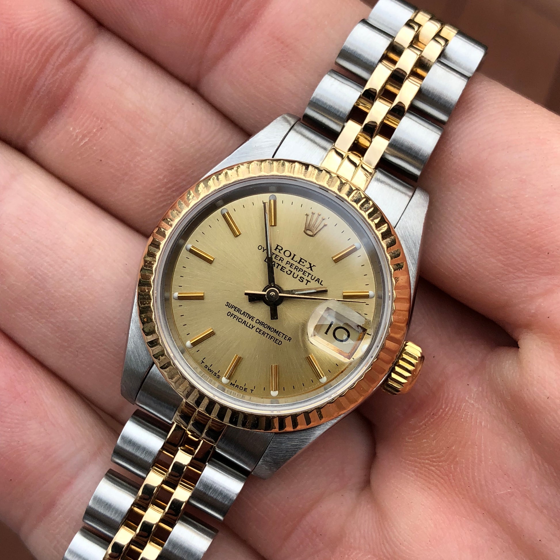 Rolex Datejust 69173 Ladies Two Tone Champagne Stick Dial Steel 18K Gold Jubilee Wristwatch - Hashtag Watch Company