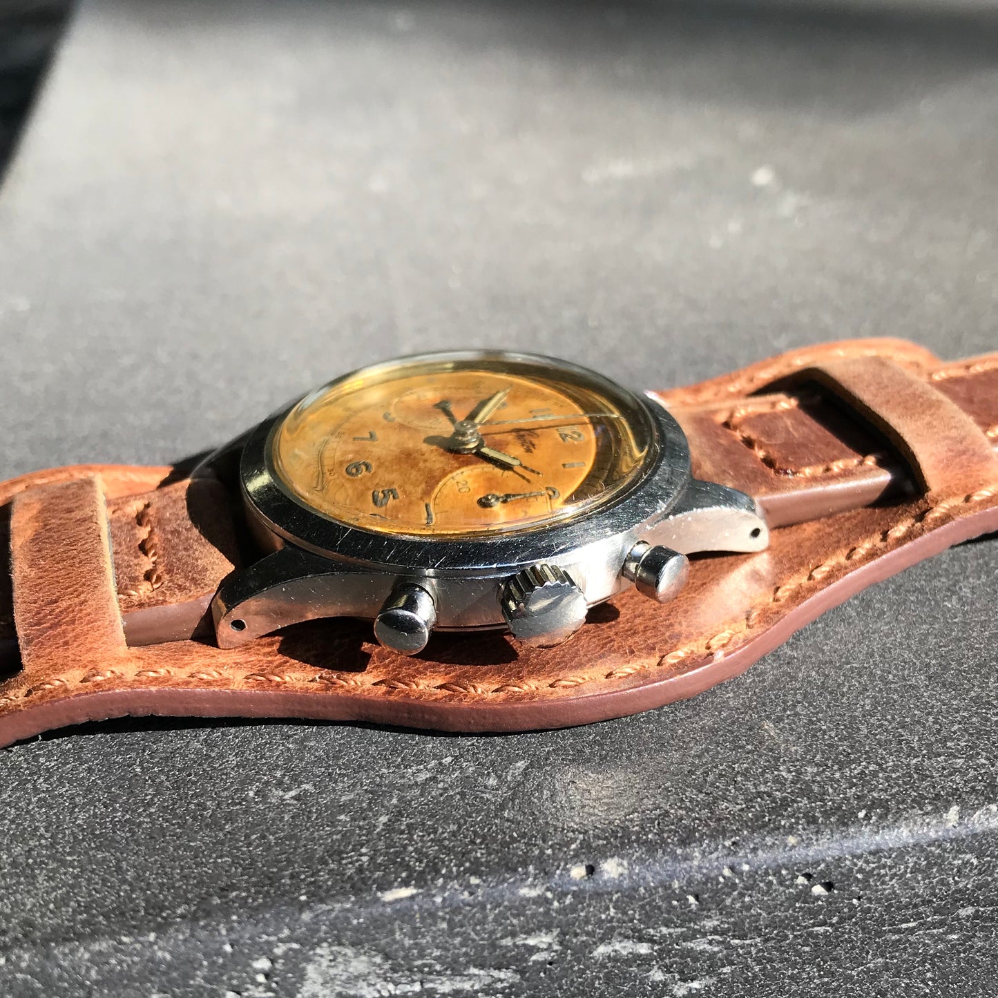 Vintage Croton Clamshell Steel Chronograph Sunburst Patina Manual Wristwatch - Hashtag Watch Company