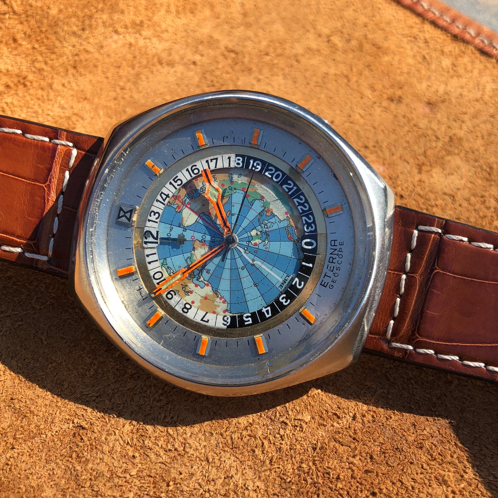 Vintage Eterna Geoscope GMT Stainelss Steel Automatic 48mm World Map Wristwatch - Hashtag Watch Company