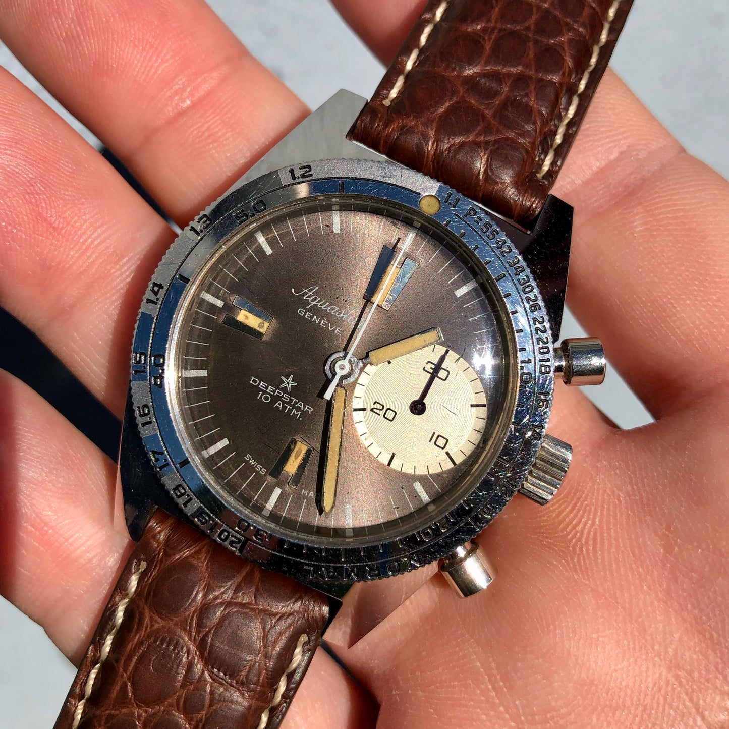 1960s Vintage Aquastar Deepstar Steel Chronograph Valjoux 92 Wristwatch - Hashtag Watch Company