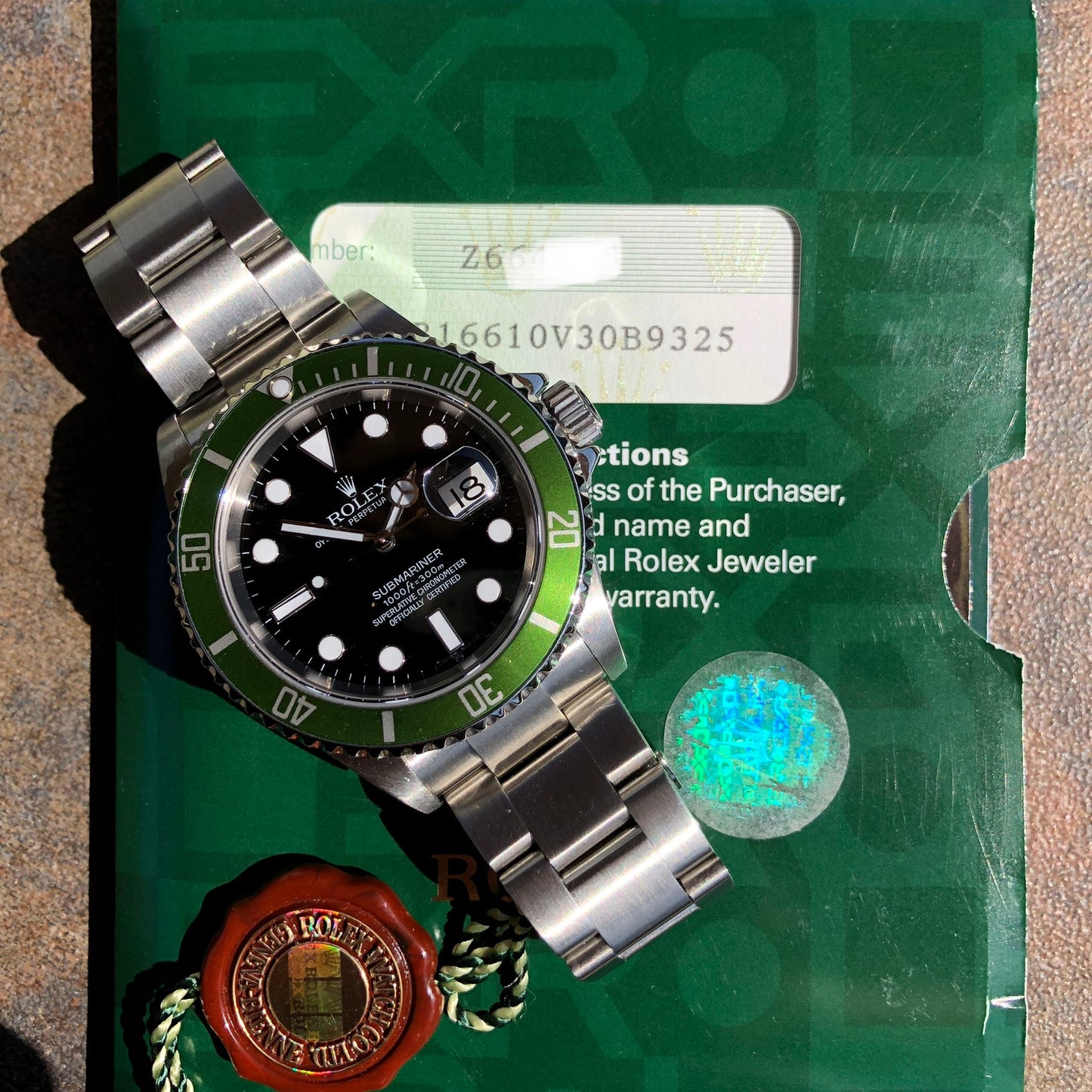 Rolex Submariner 16610V 50th Anniversary Green Kermit Z Serial Wristwatch Box Papers Circa 2006 - Hashtag Watch Company