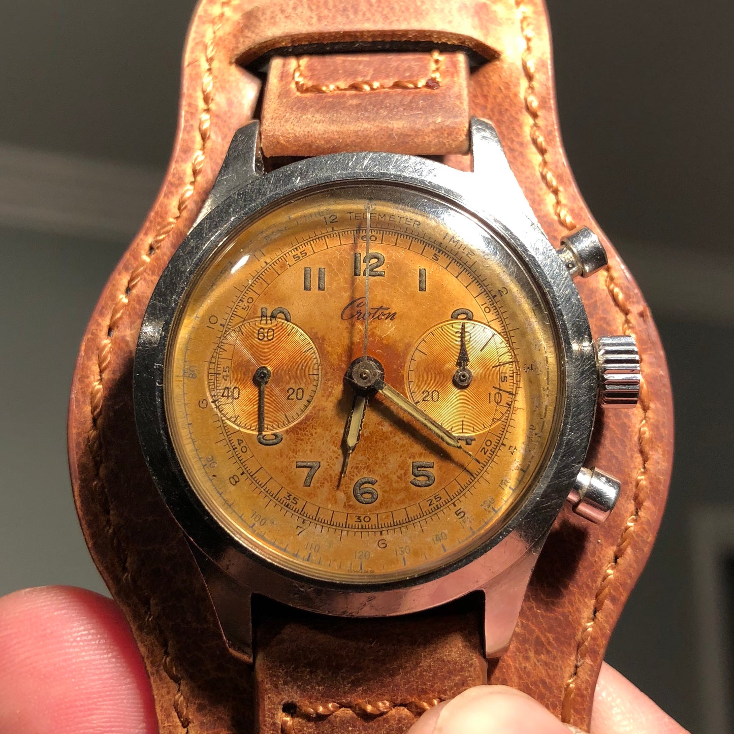 Vintage Croton Clamshell Steel Chronograph Sunburst Patina Manual Wristwatch - Hashtag Watch Company