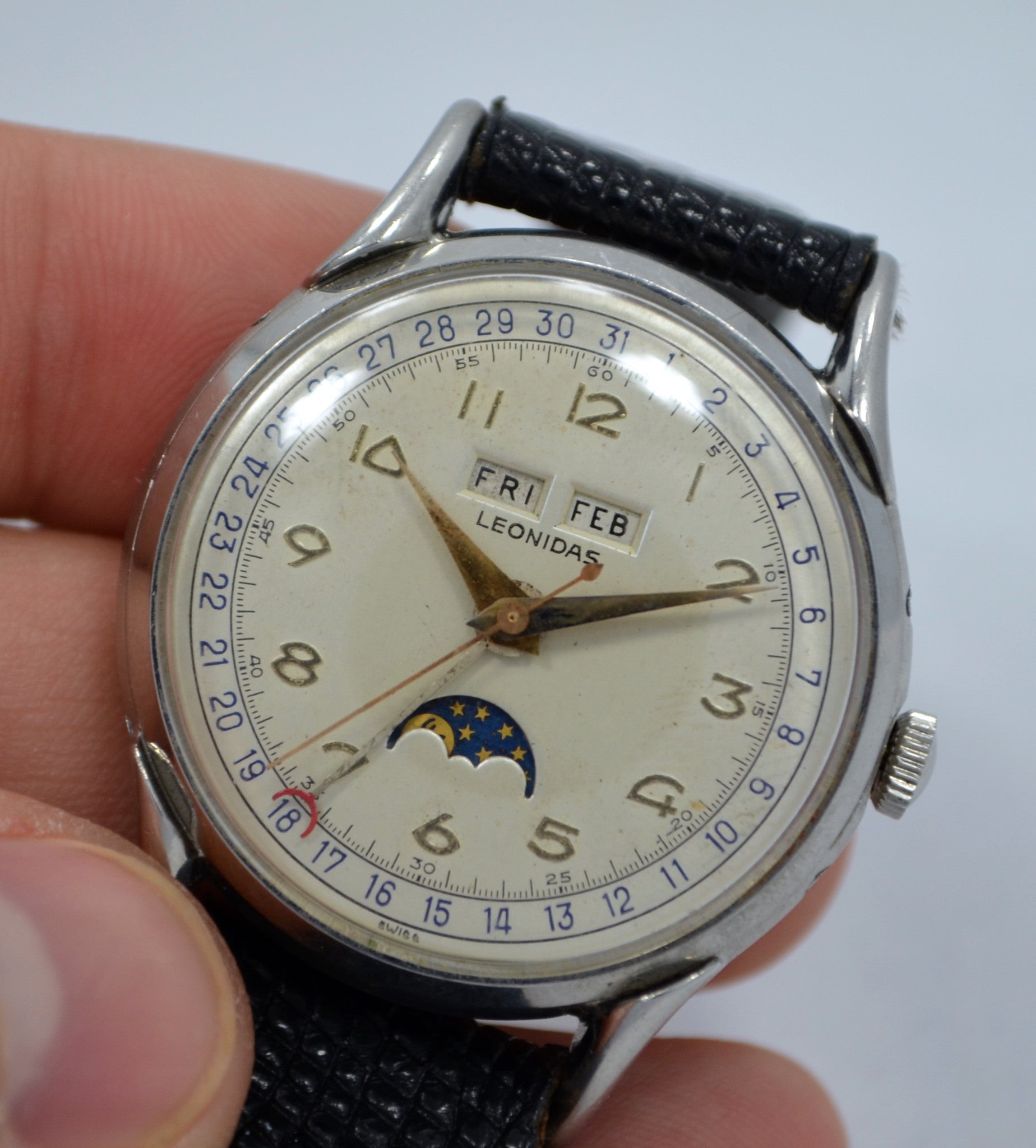 Vintage Leonidas Triple Date Calendar Moon Phase Day Date Steel Ref. 1201 Manual Wind 1940's - Hashtag Watch Company
