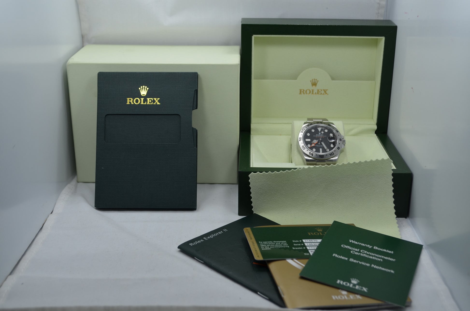Rolex Explorer II 216570 Steel Black Orange Hand GMT Wristwatch Box Papers - Hashtag Watch Company