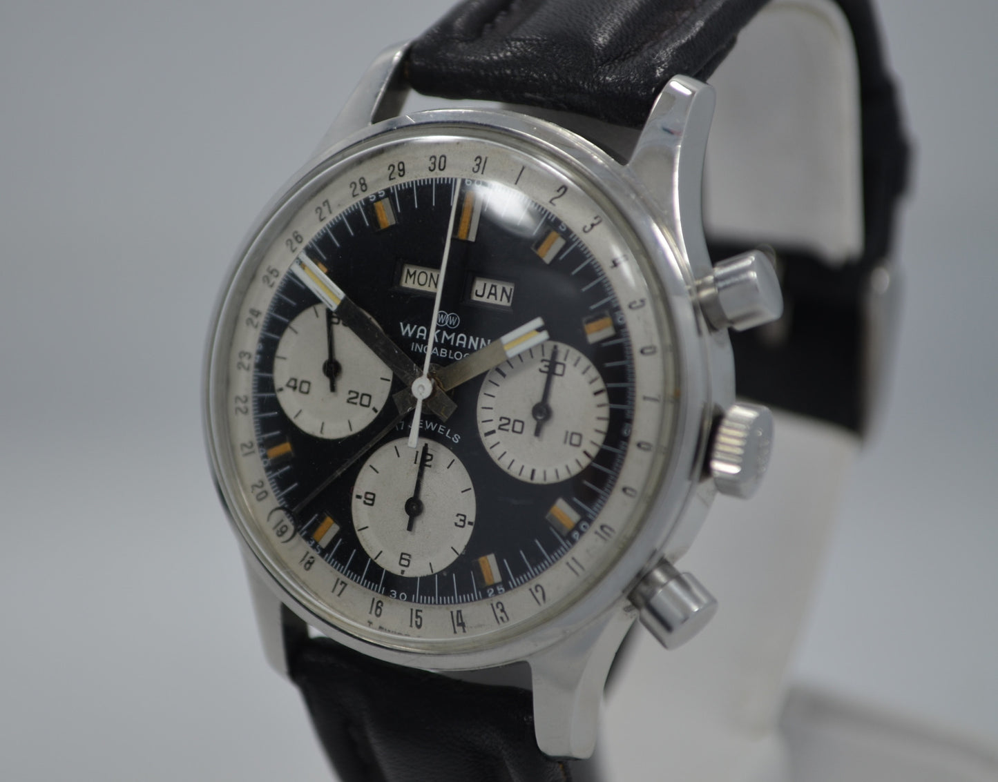 Vintage Wakmann Incabloc Chronograph Valjoux 72 1960's Steel Triple Date Watch - Hashtag Watch Company