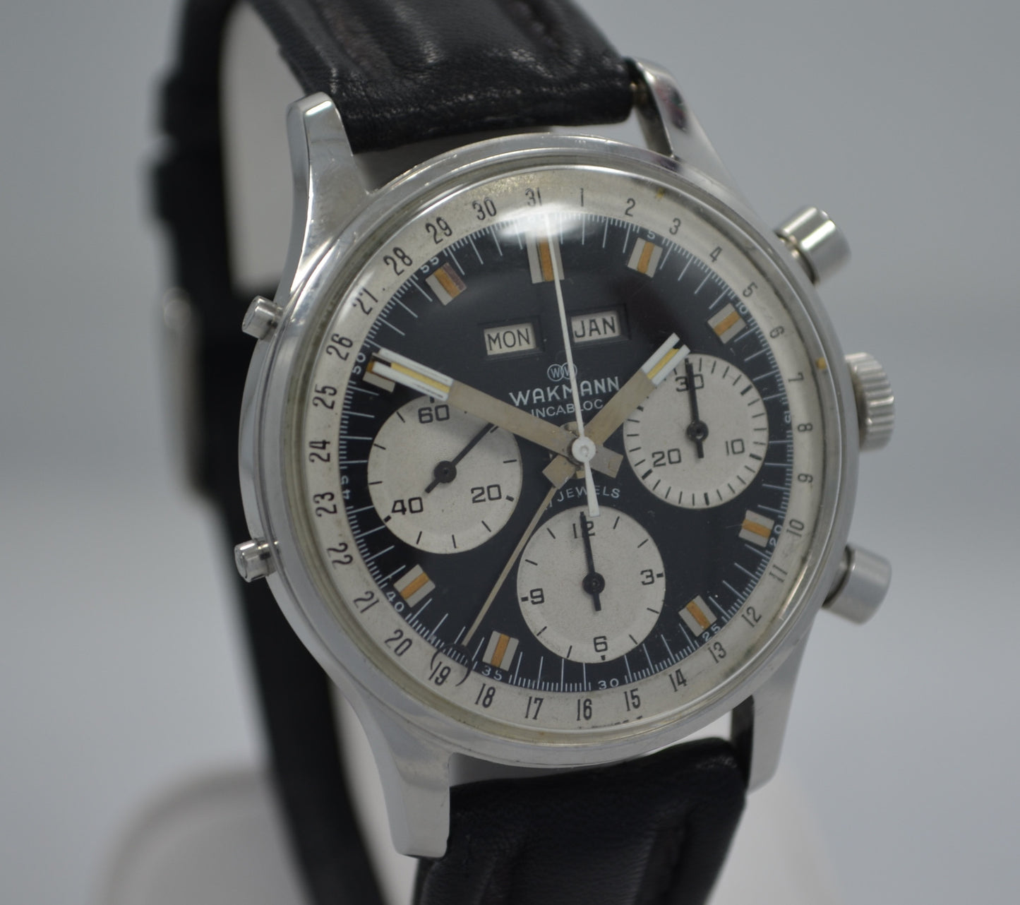 Vintage Wakmann Incabloc Chronograph Valjoux 72 1960's Steel Triple Date Watch - Hashtag Watch Company