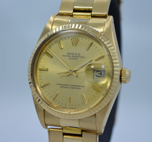 Vintage Rolex 15038 Oyster Perpetual Date 18K Yellow Gold 8.8 Mil 1985 Watch - Hashtag Watch Company