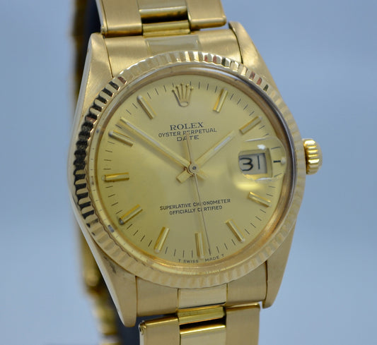 Vintage Rolex 15038 Oyster Perpetual Date 18K Yellow Gold 8.8 Mil 1985 Watch - Hashtag Watch Company