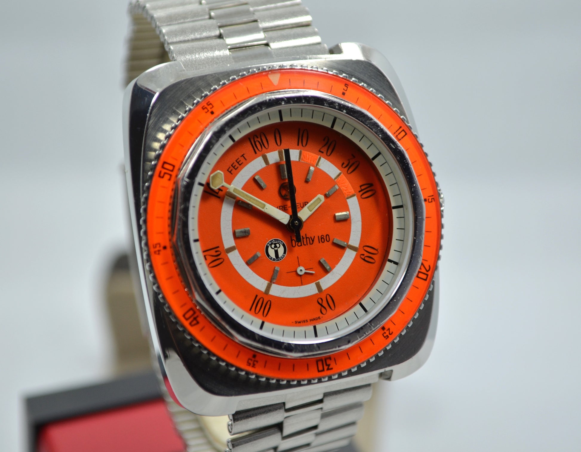 Vintage Favre Leuba Orange Bathy 160 Aqua Lung U.S. Divers Steel Watch - Hashtag Watch Company