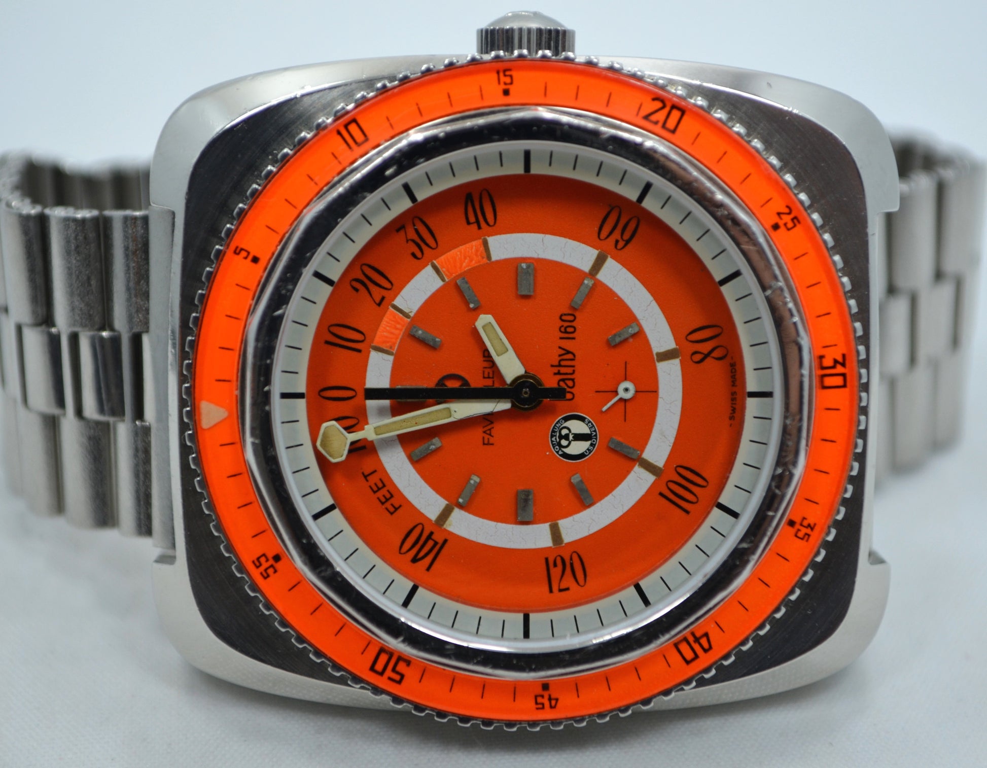 Vintage Favre Leuba Orange Bathy 160 Aqua Lung U.S. Divers Steel Watch - Hashtag Watch Company